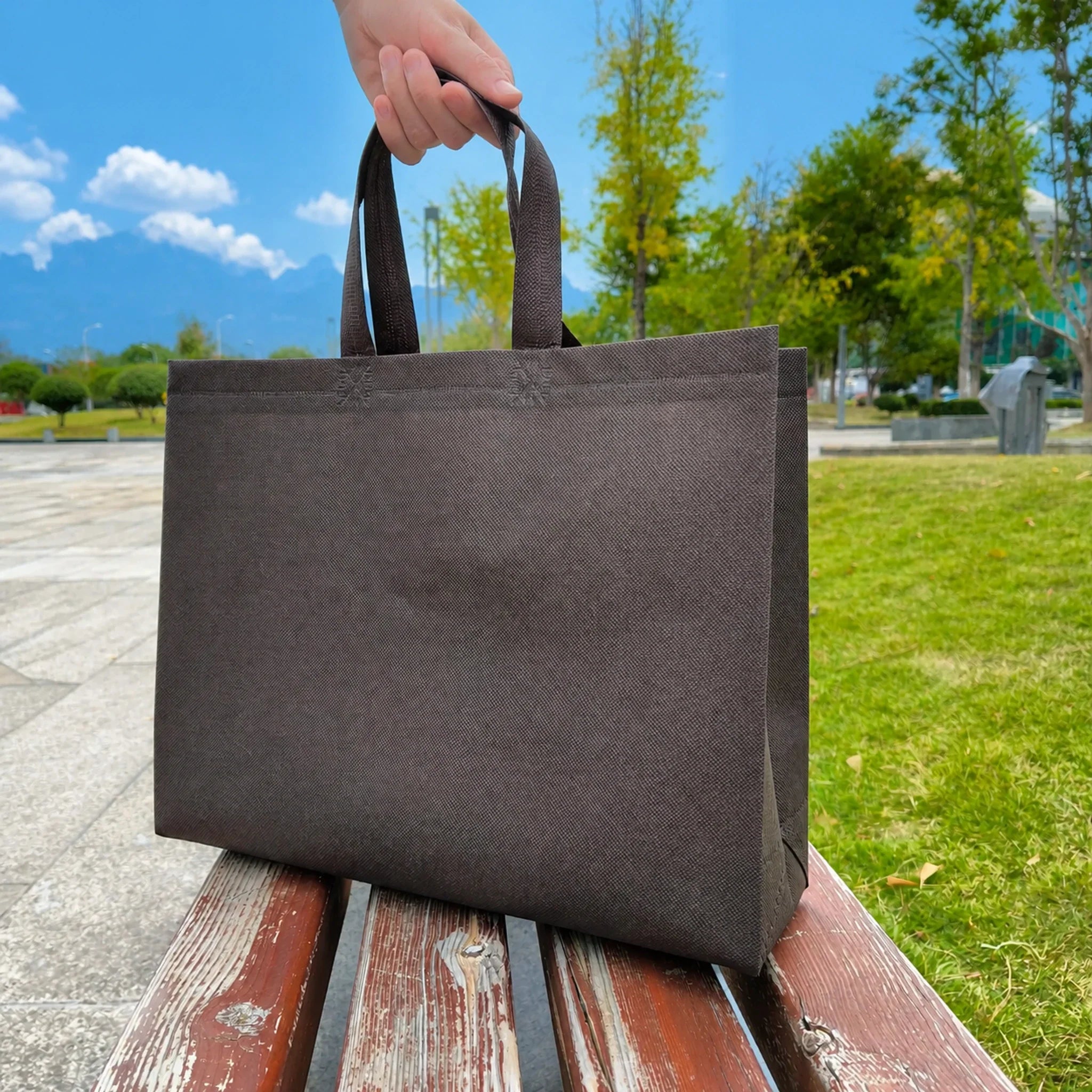 Coffee Brown — Brown Handles heavy-duty non-woven tote bags — 25 color combinations