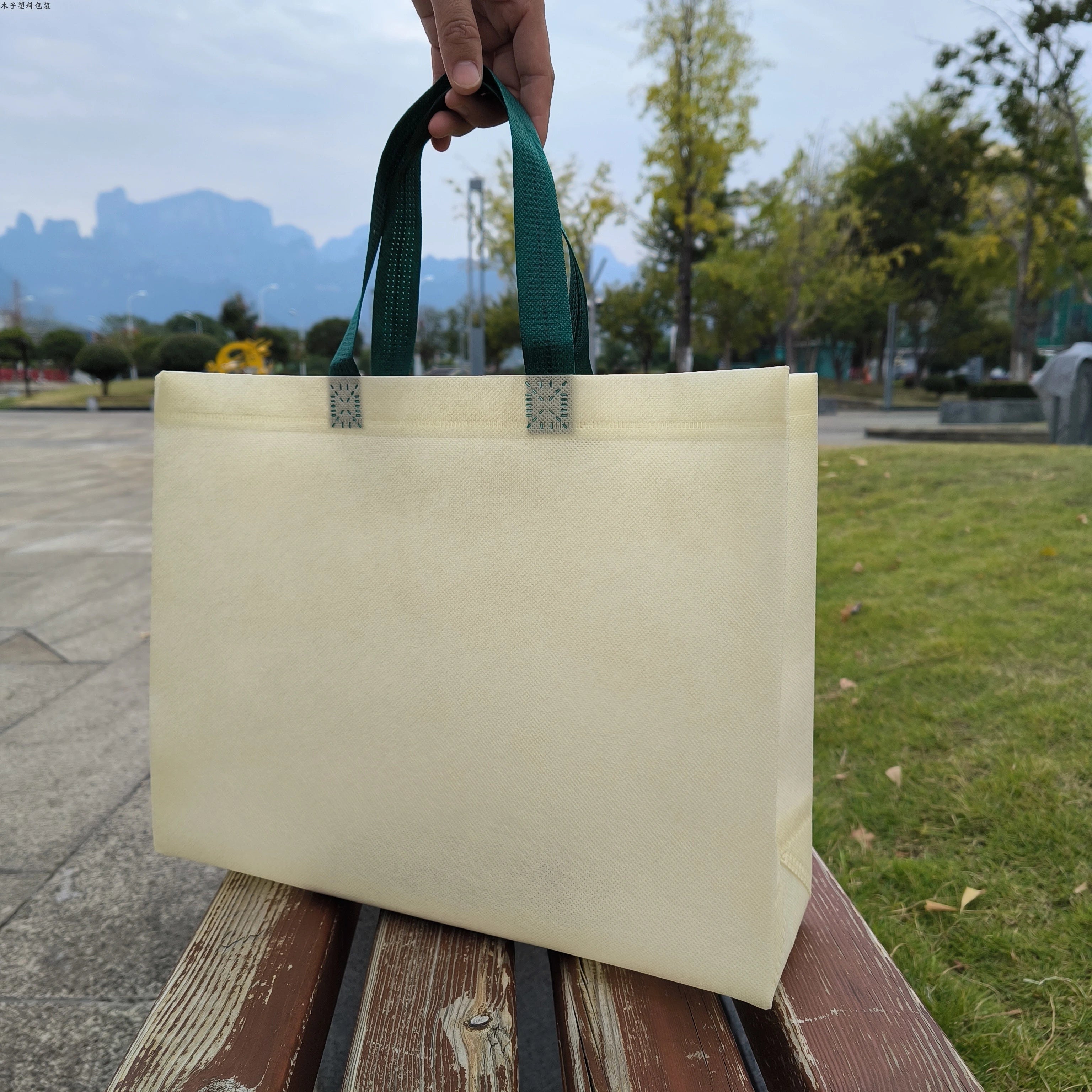 Cream — Green Handles heavy-duty non-woven tote bags — 25 color combinations
