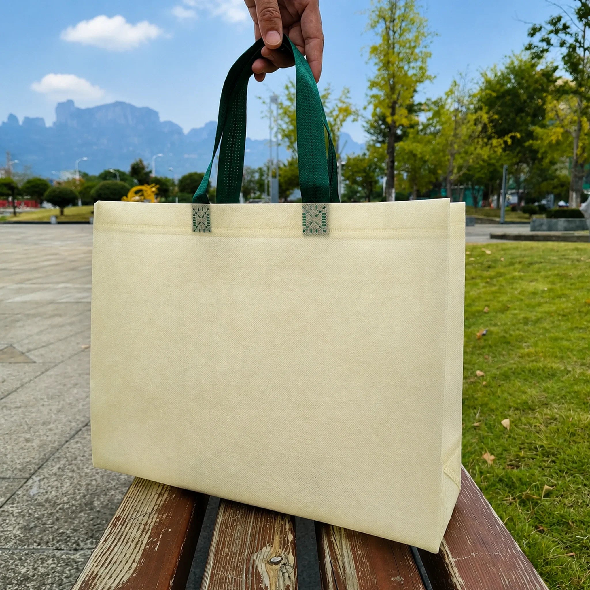 Cream — Green Handles heavy-duty non-woven tote bags — 25 color combinations