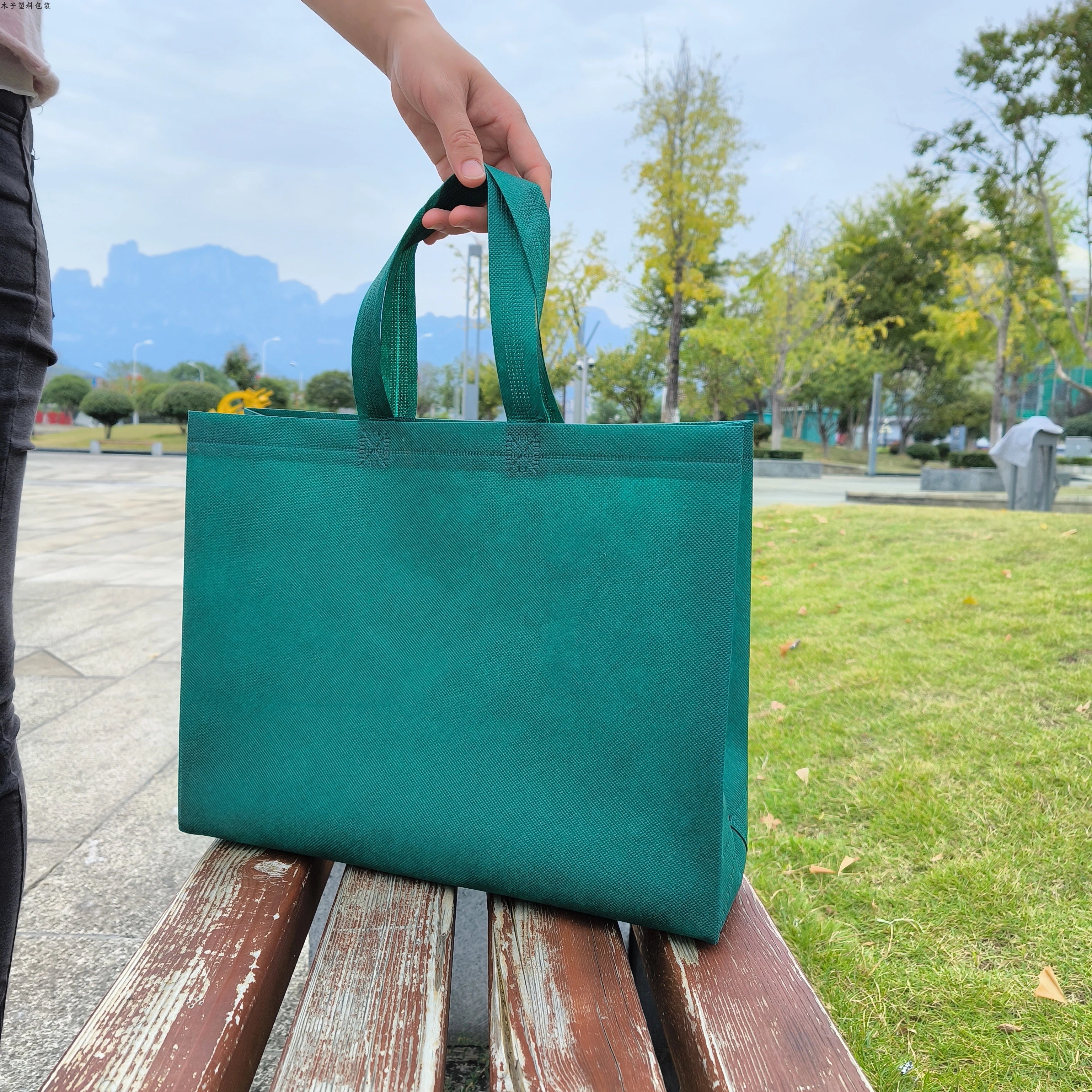 Dark Green — Green Handles heavy-duty non-woven tote bags — 25 color combinations