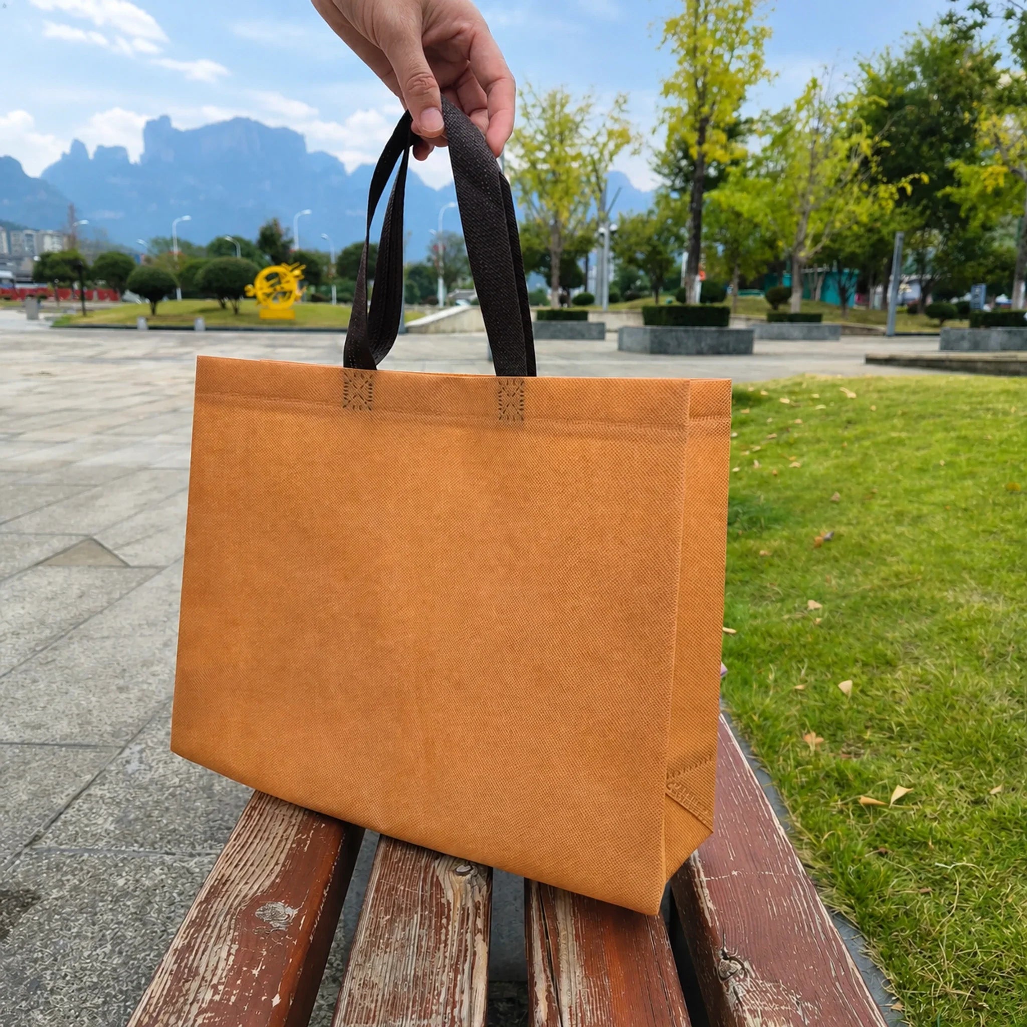 Caramel with Brown Handles heavy-duty non-woven tote bags — 25 colors