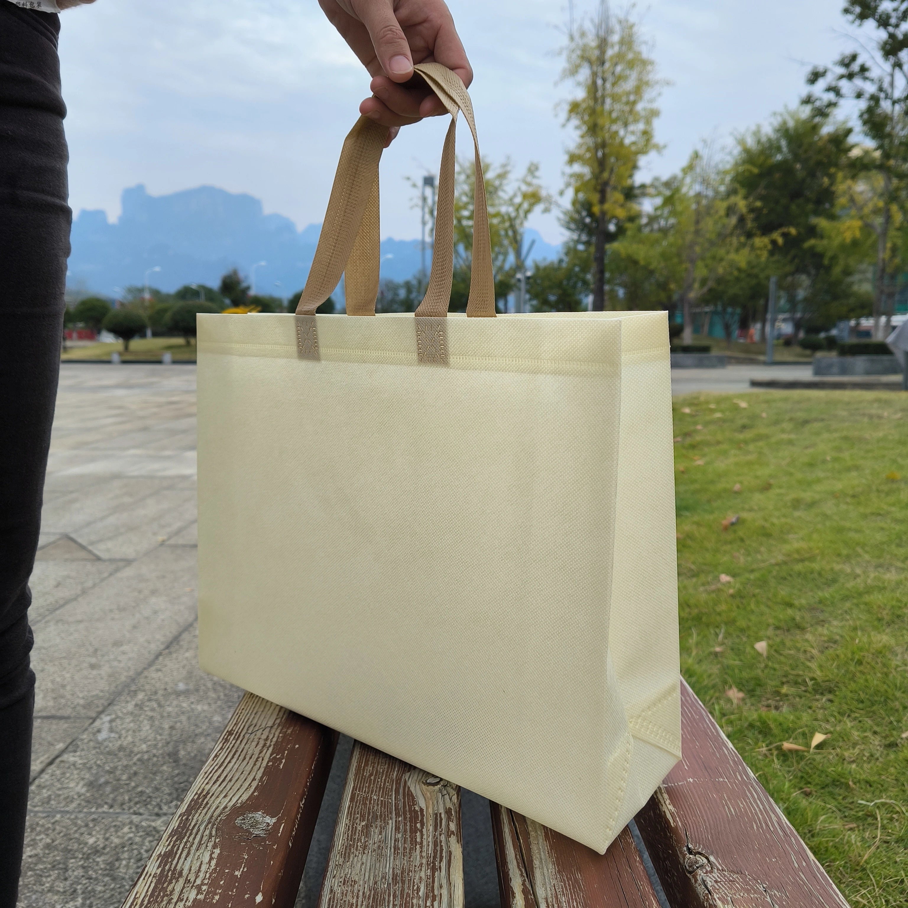 Off-White with Yellow Handles heavy-duty non-woven tote bags — 25 colors