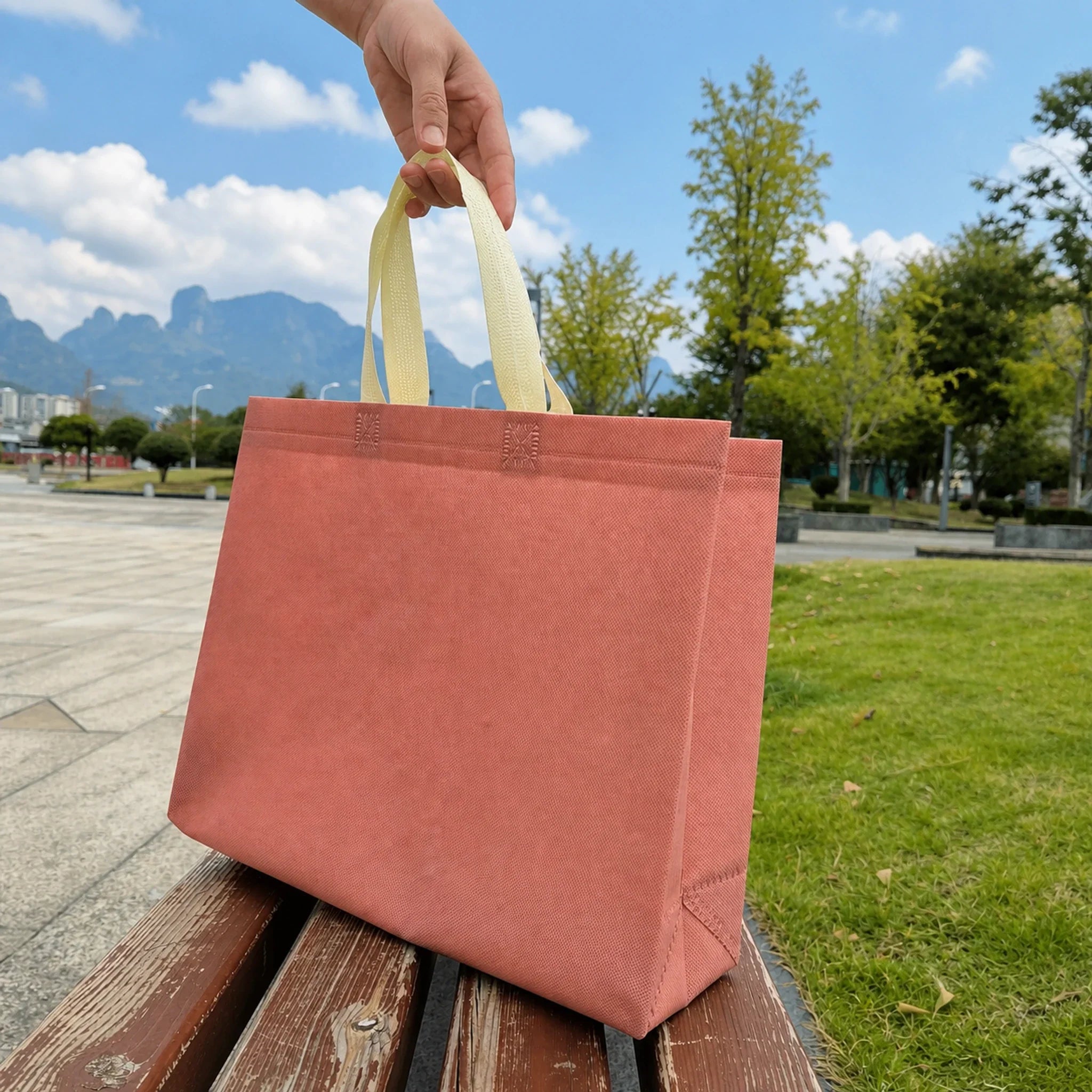 Pink with Beige Handles heavy-duty non-woven tote bags — 25 colors
