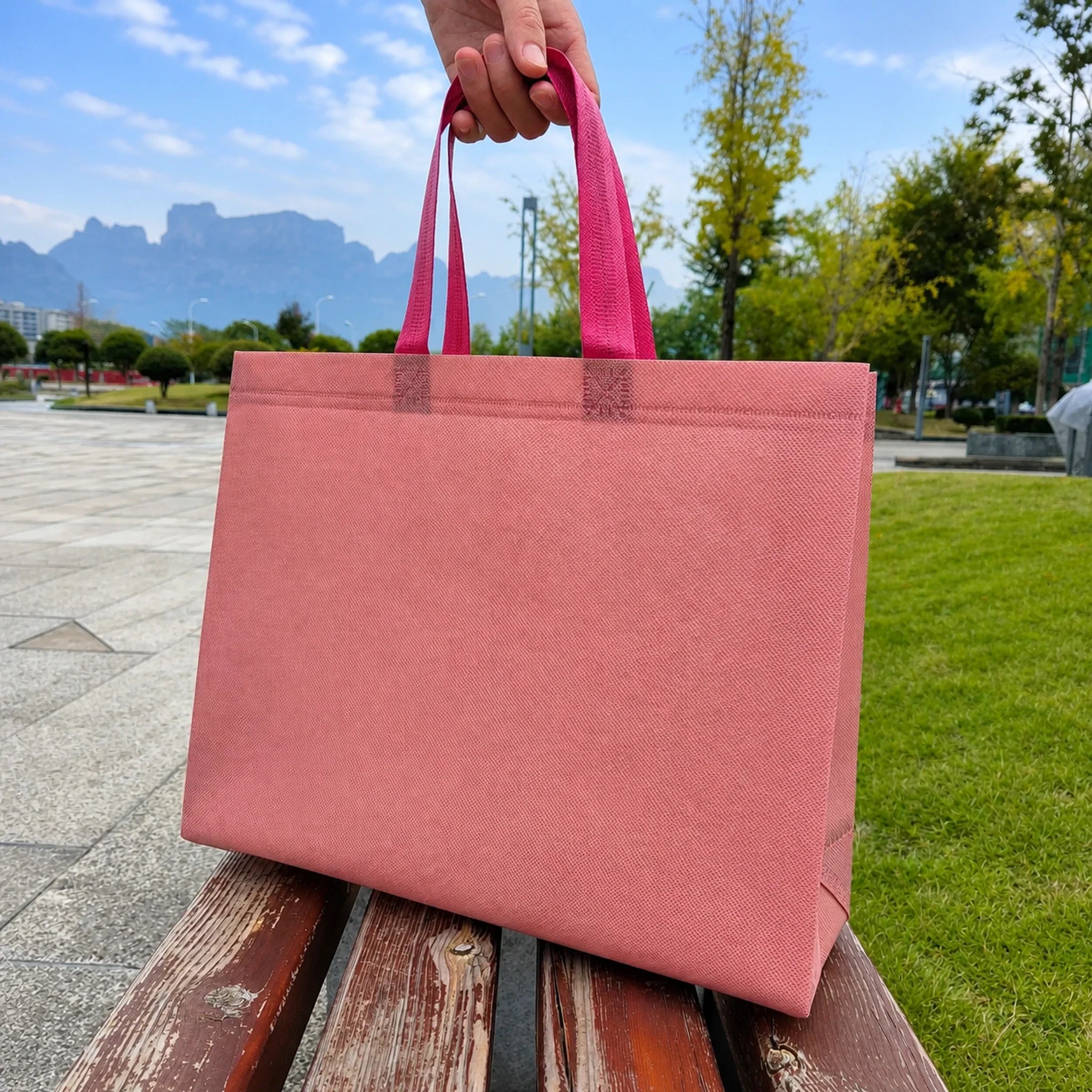 Pink with Red Handles heavy-duty non-woven tote bags — 25 colors