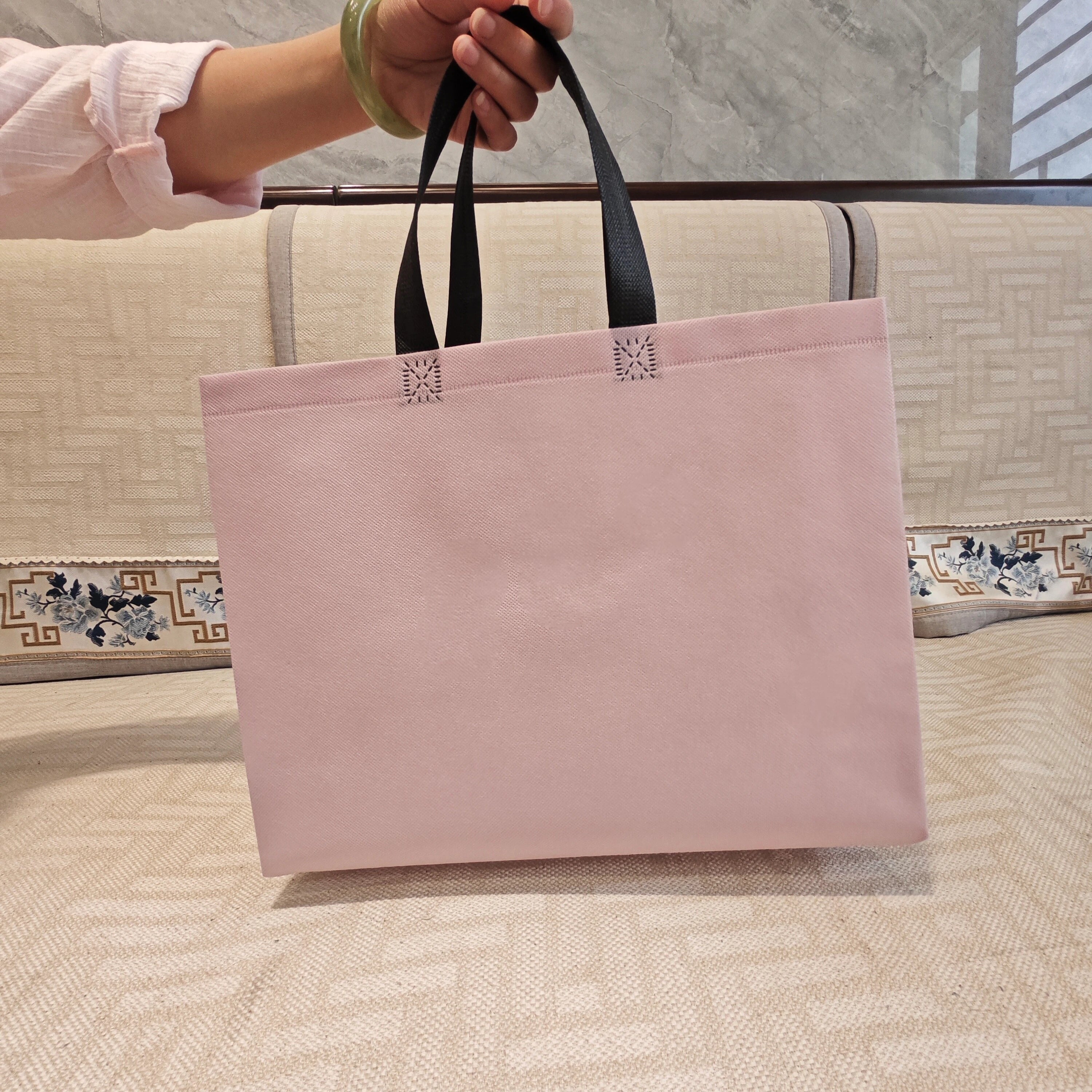 Soft Pink with Black Handles heavy-duty non-woven tote bags — 25 colors