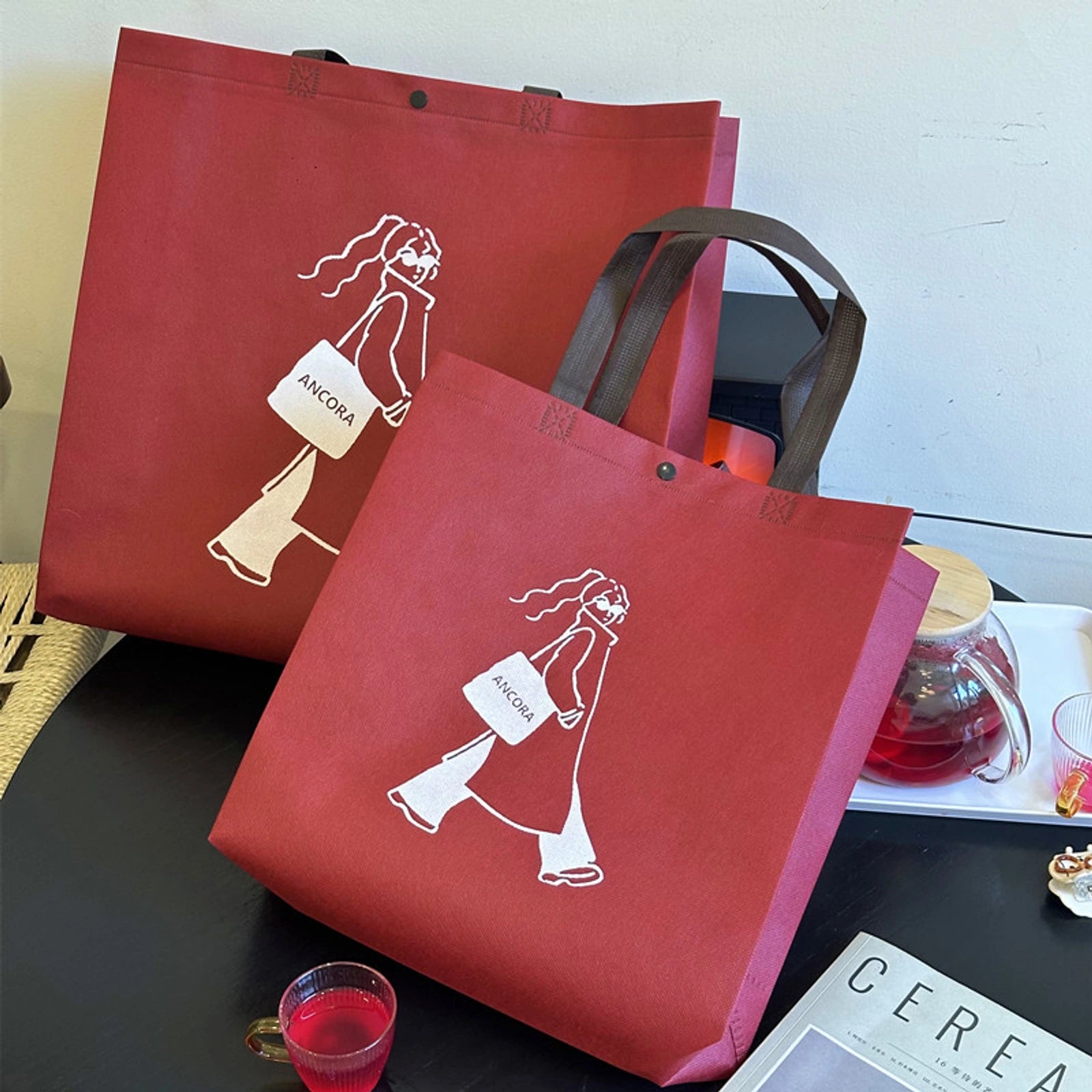 Heavy-Duty Snap-Closure Non-Woven Tote Bags — 8 Styles — Ancora Red — Woman Print