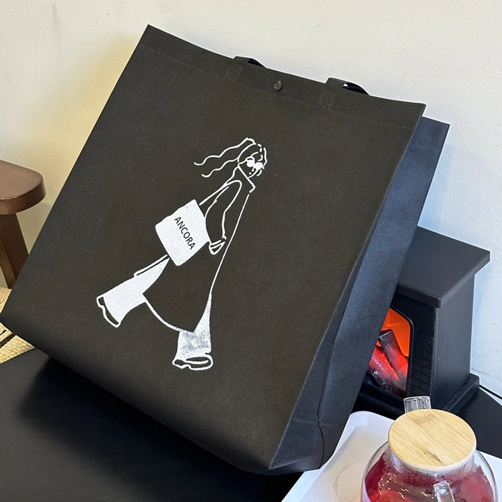 Heavy-Duty Snap-Closure Non-Woven Tote Bags — 8 Styles — Black — Woman Print