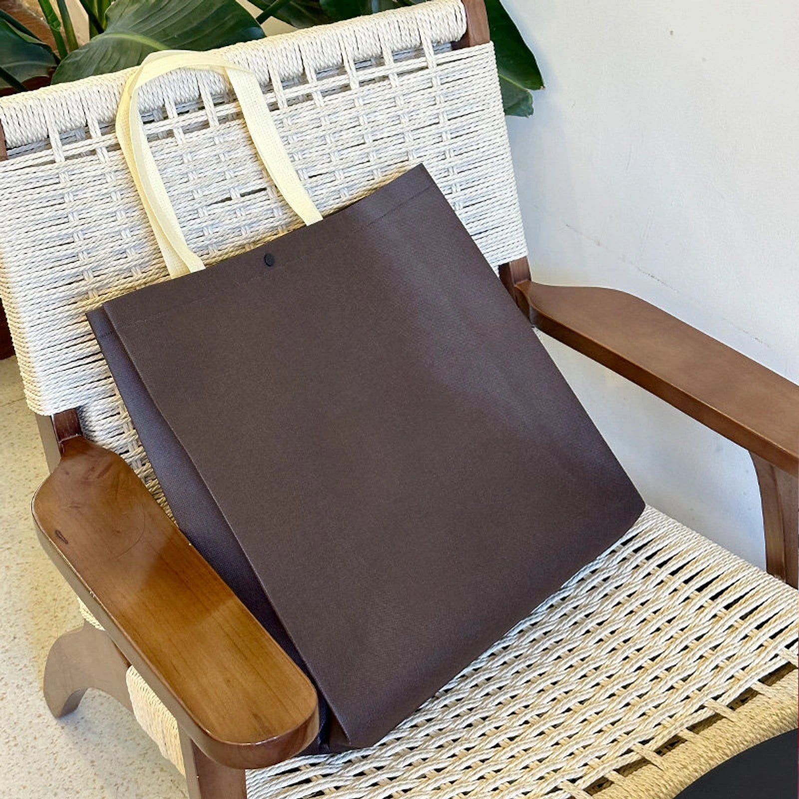 Heavy-Duty Snap-Closure Non-Woven Tote Bags — 8 Styles — Coffee Brown Plain