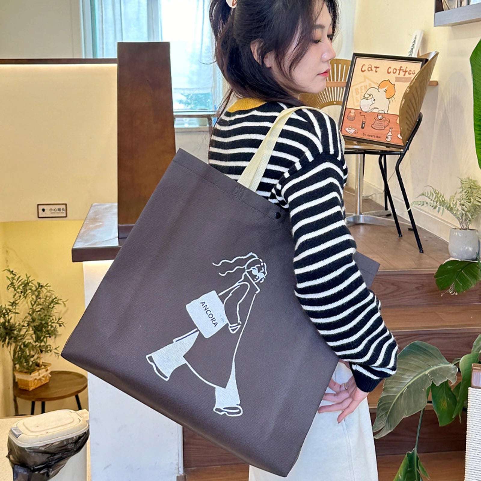 Heavy-Duty Snap-Closure Non-Woven Tote Bags — 8 Styles — Coffee Brown — Woman Print