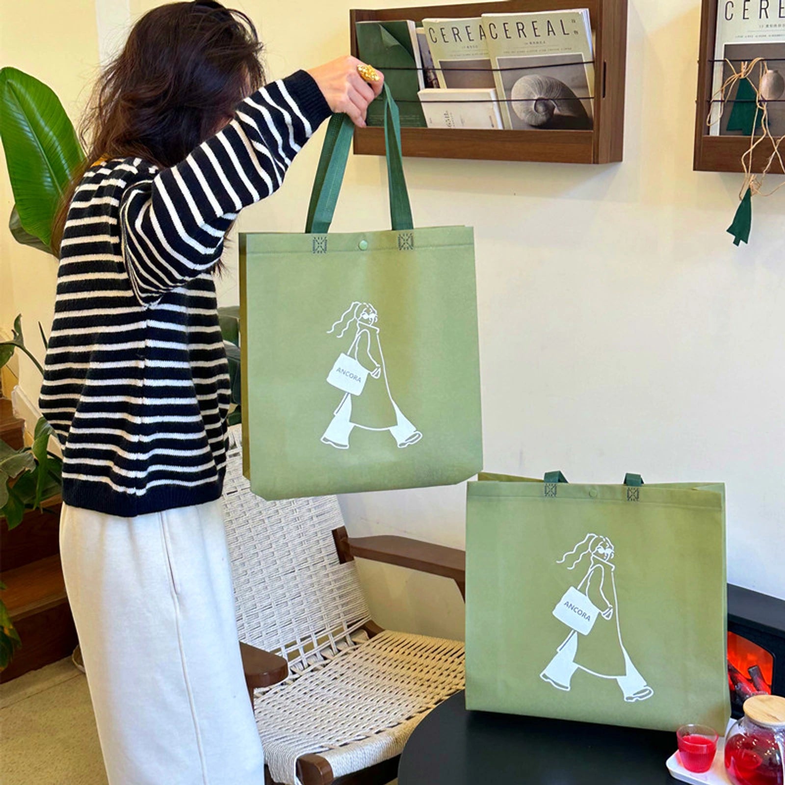 Heavy-Duty Snap-Closure Non-Woven Tote Bags — 8 Styles — Matcha Green — Woman Print