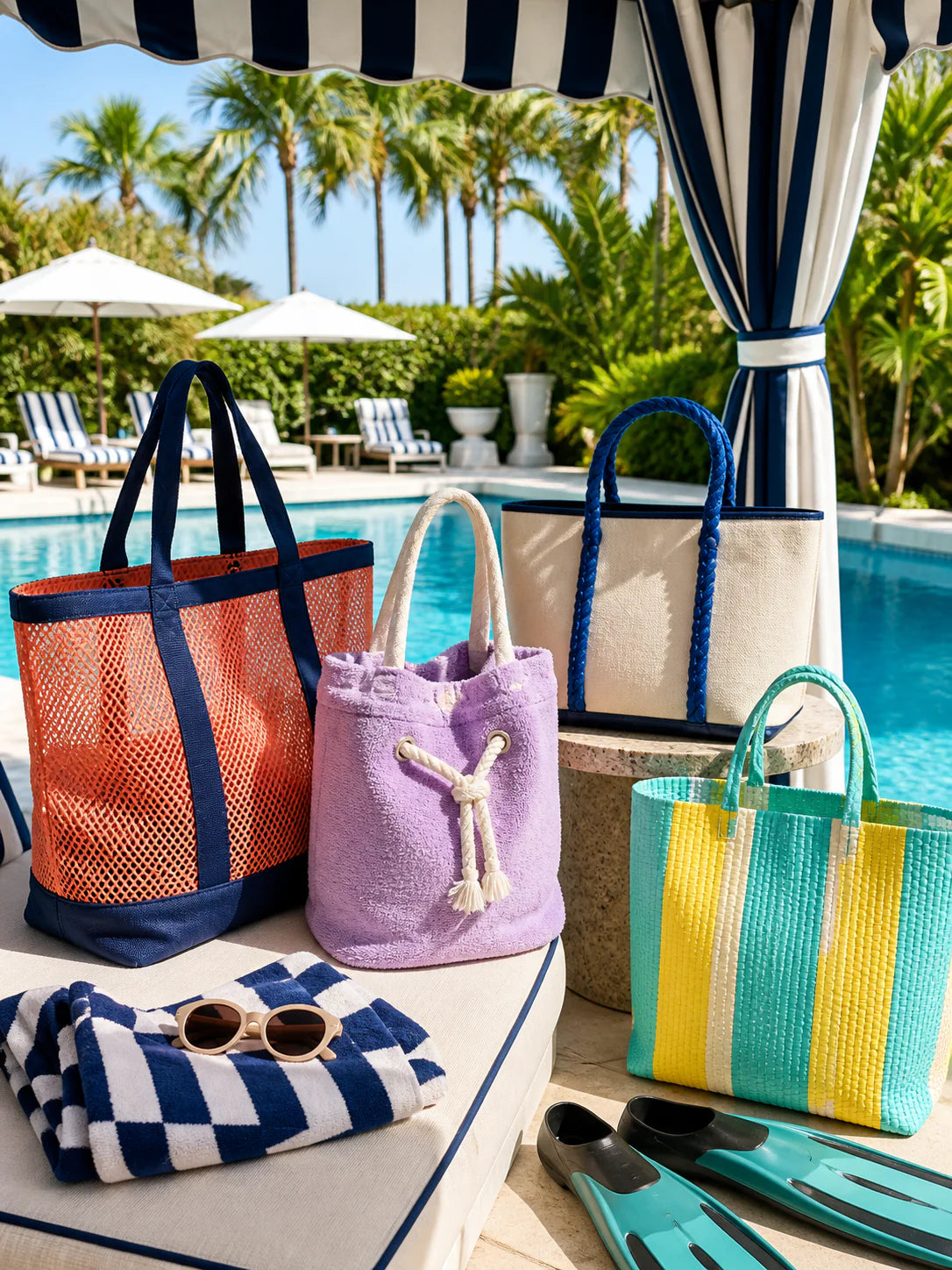 Custom beach bag range in mesh, terry cloth, canvas and woven polypropylene by a pool