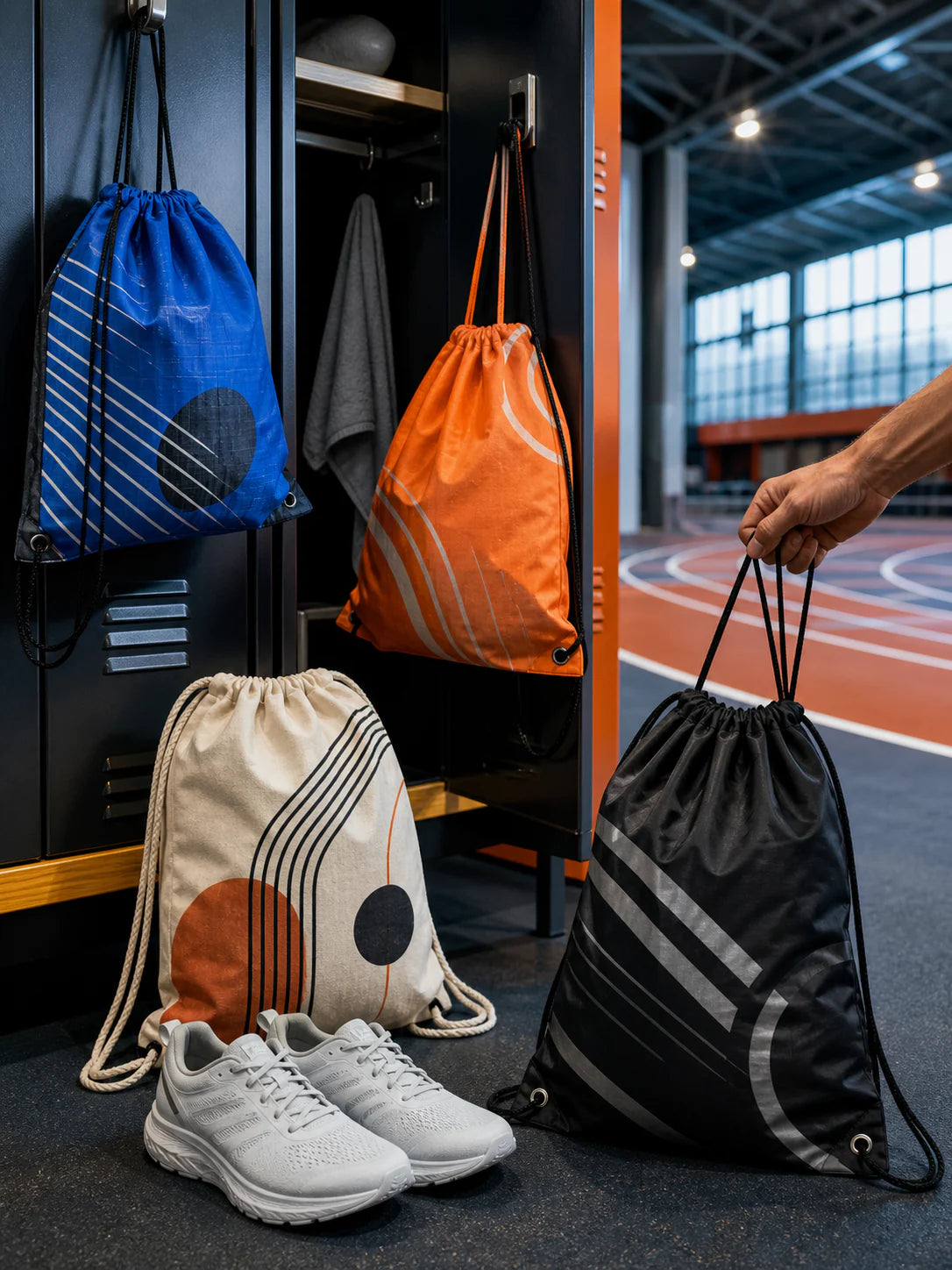 Custom drawstring bags in ripstop, recycled polyester, cotton and reflective nylon