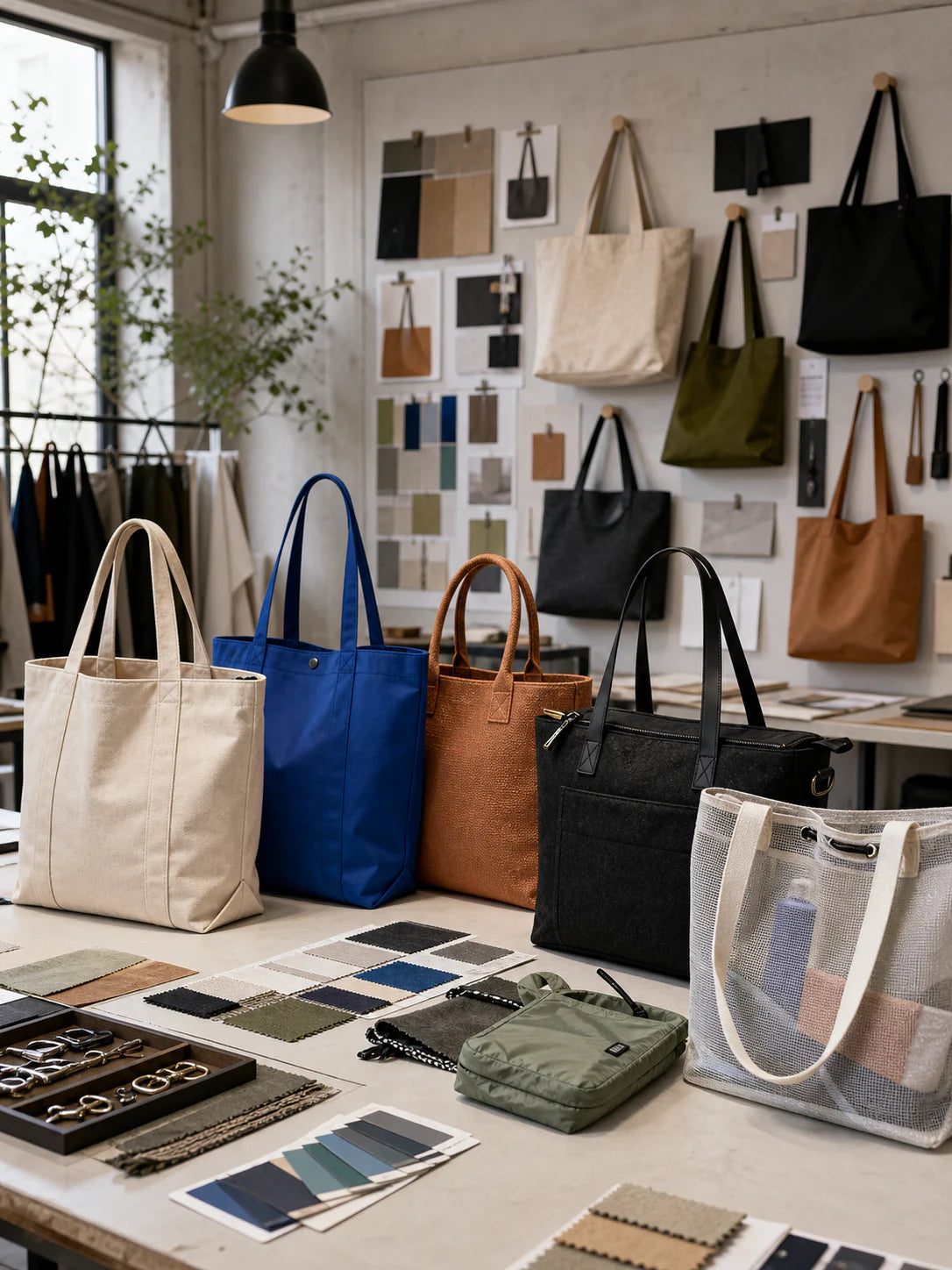 Custom tote sample studio with canvas, non-woven, jute, felt, mesh and ripstop bags