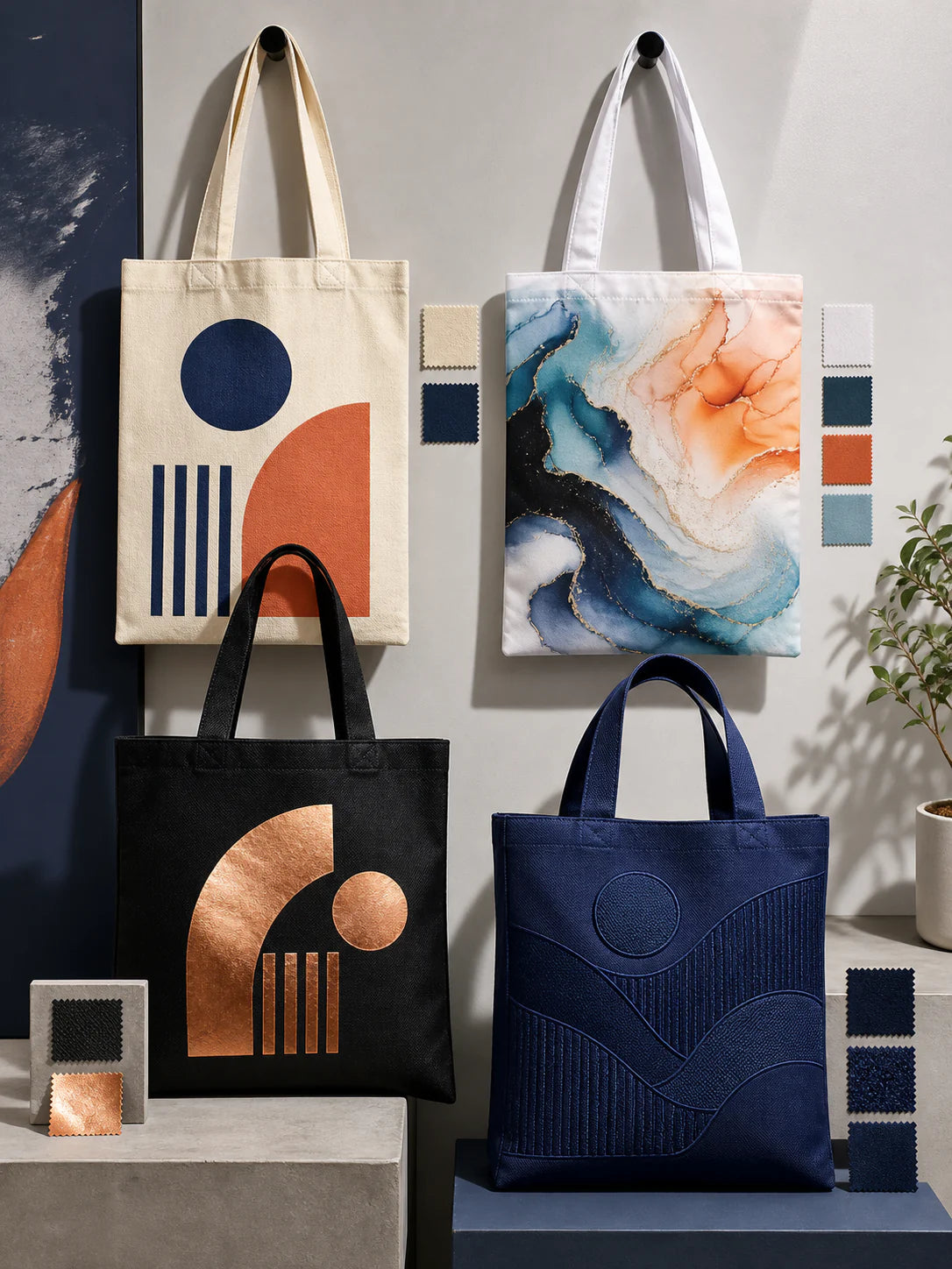 Printed tote samples comparing screen print, heat transfer, metallic foil and embroidery