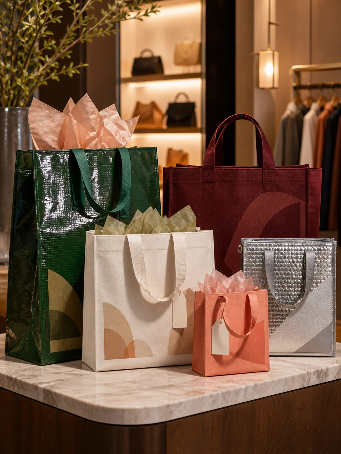 Custom retail shopping bag lineup in laminated, non-woven, canvas and insulated materials