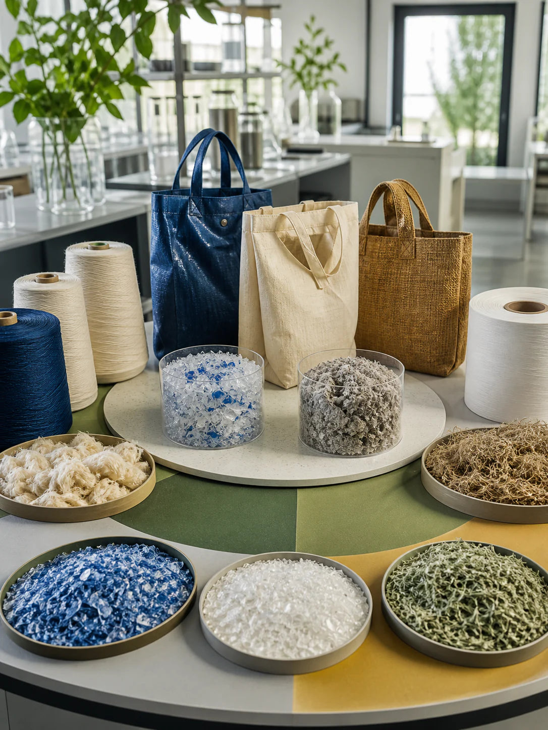 Material lab display of recycled flakes, fibers, yarns and finished bags in varied materials