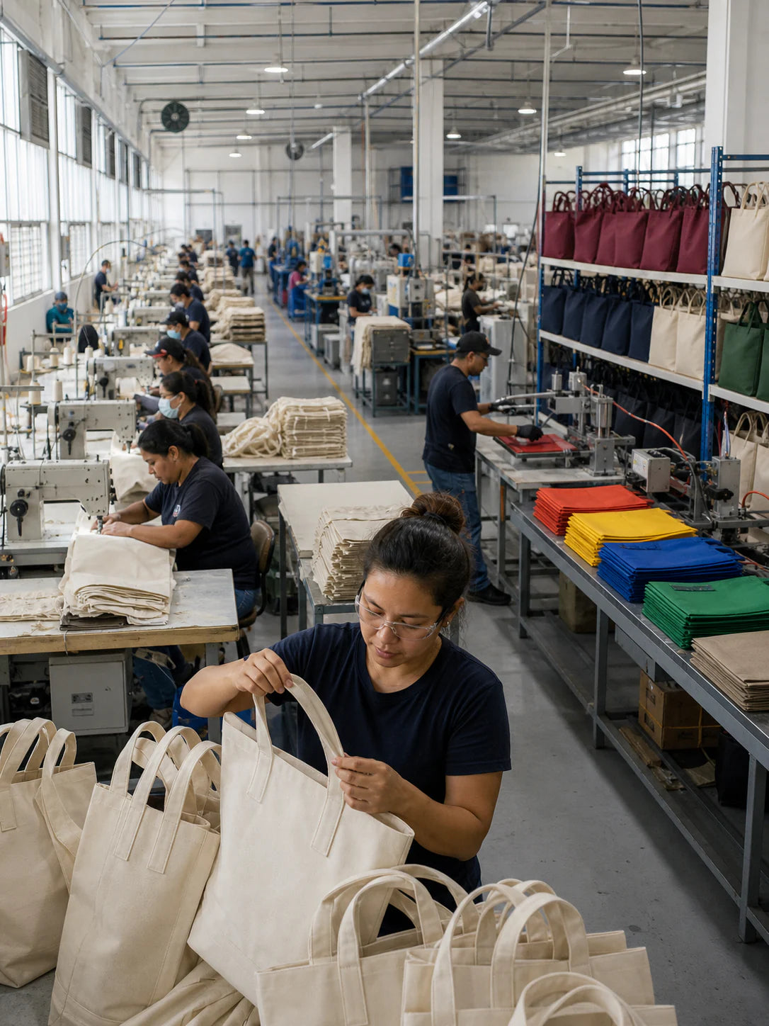 Large tote bag production floor with sewing, heat sealing and handle quality inspection