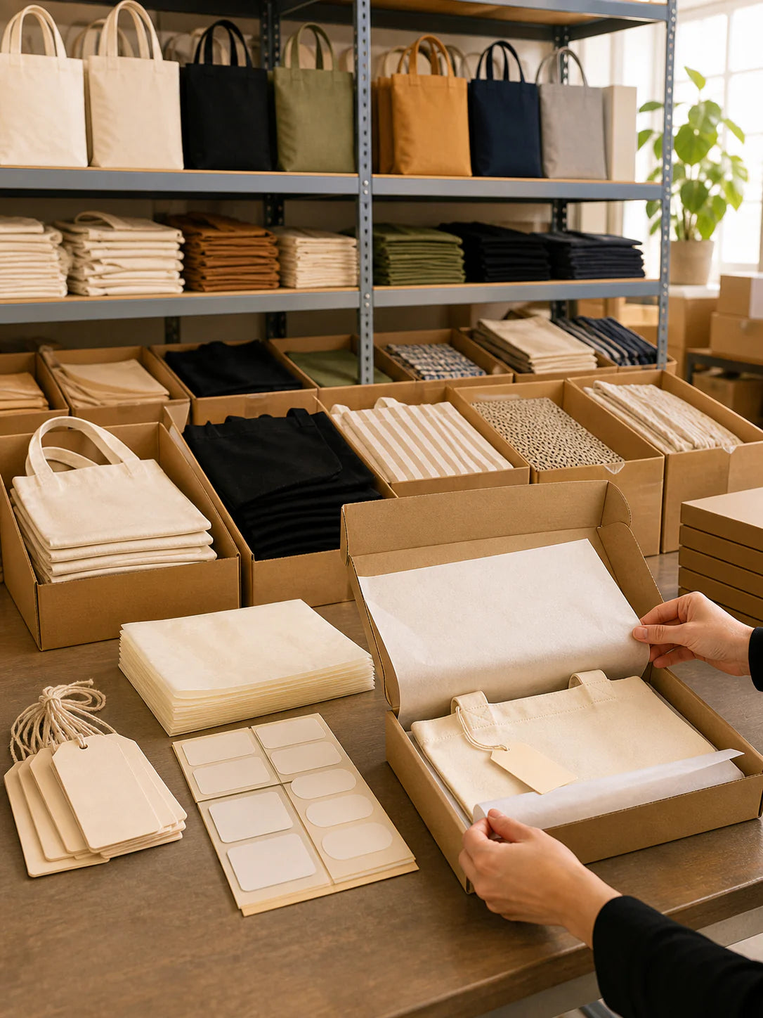 White-label tote inventory and neutral private-label packaging prepared for wholesale
