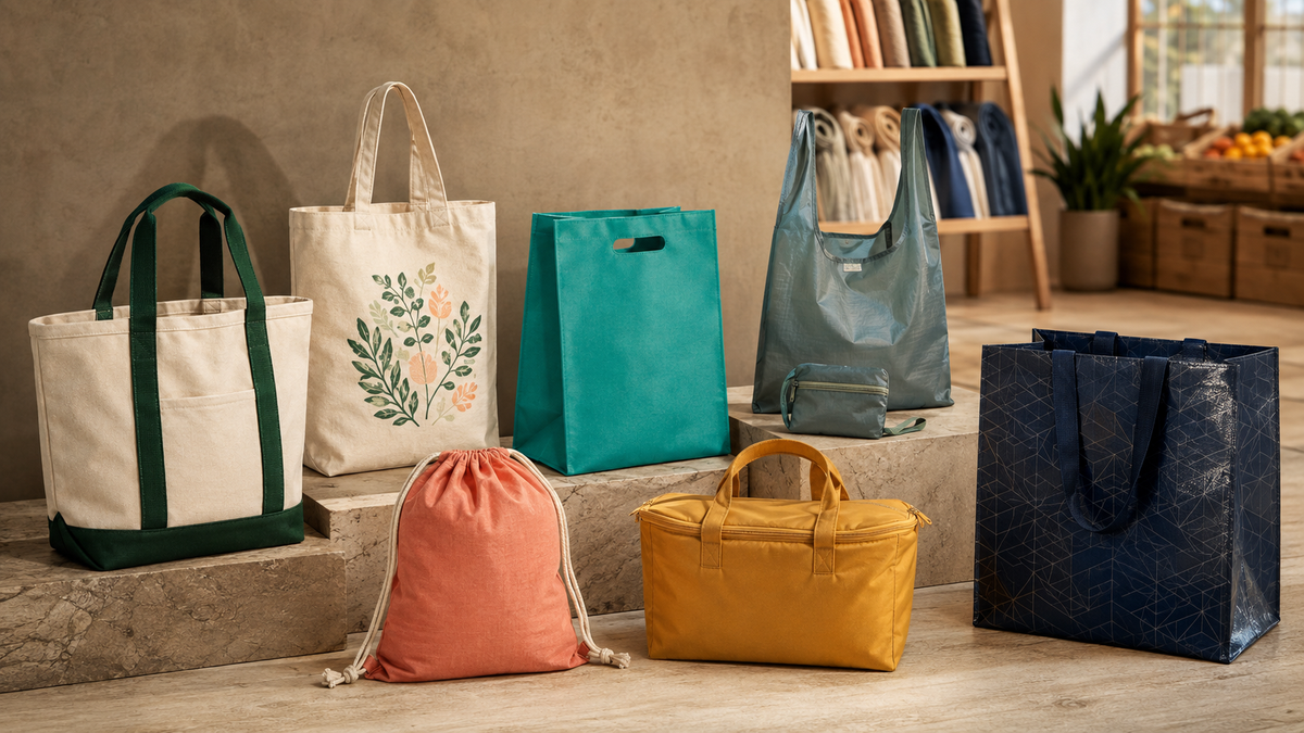 Colección de bolsas tote personalizadas de algodón, lona, tela no tejida, material reciclado y PLA