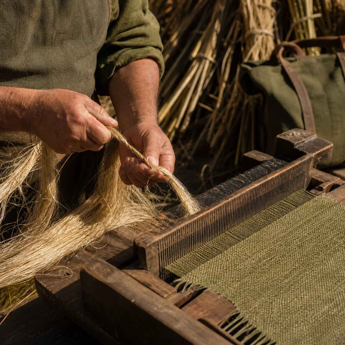 Long natural hemp fibers being twisted and woven into rugged olive canvas