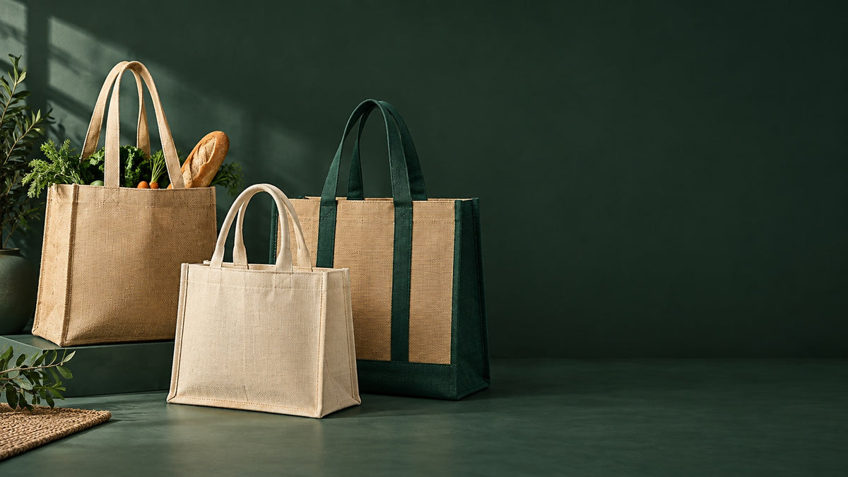Custom jute tote bag concepts on a deep green studio background