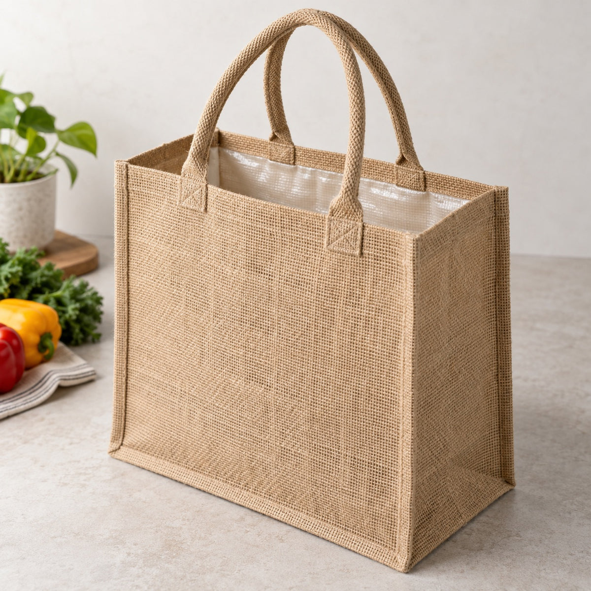 Structured jute shopper with laminated interior