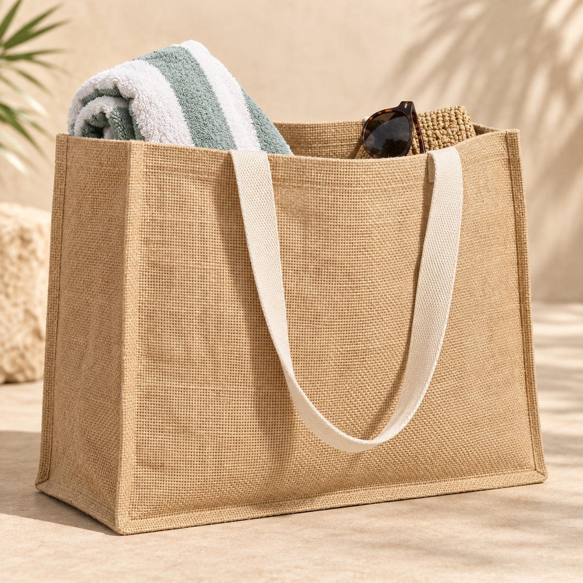 Oversized jute beach tote with shoulder handles