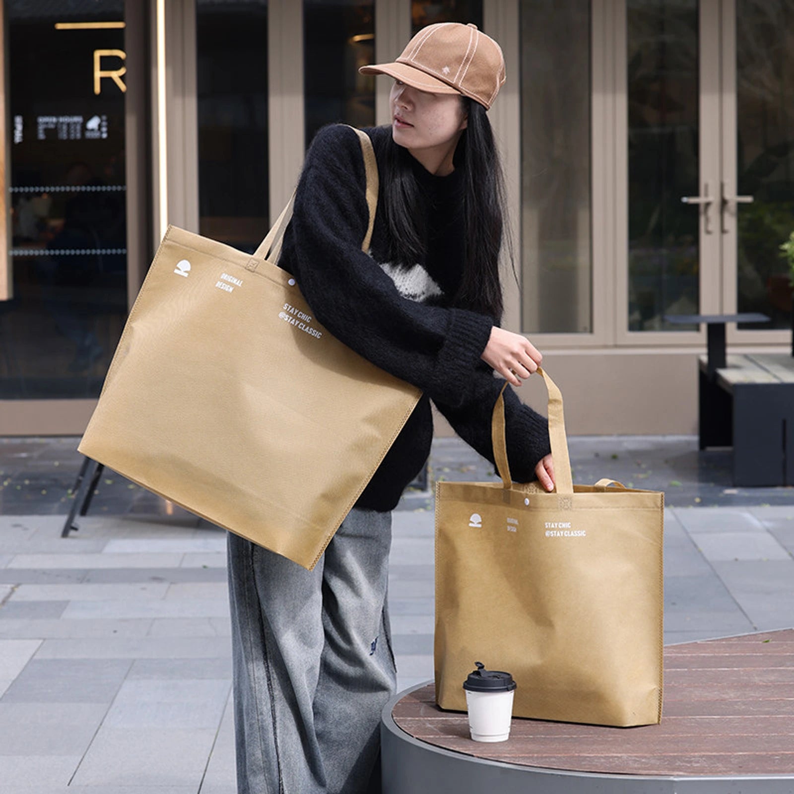 Khaki Non-Woven Tote Bags — 4 Styles — Large — Capacity — Khaki