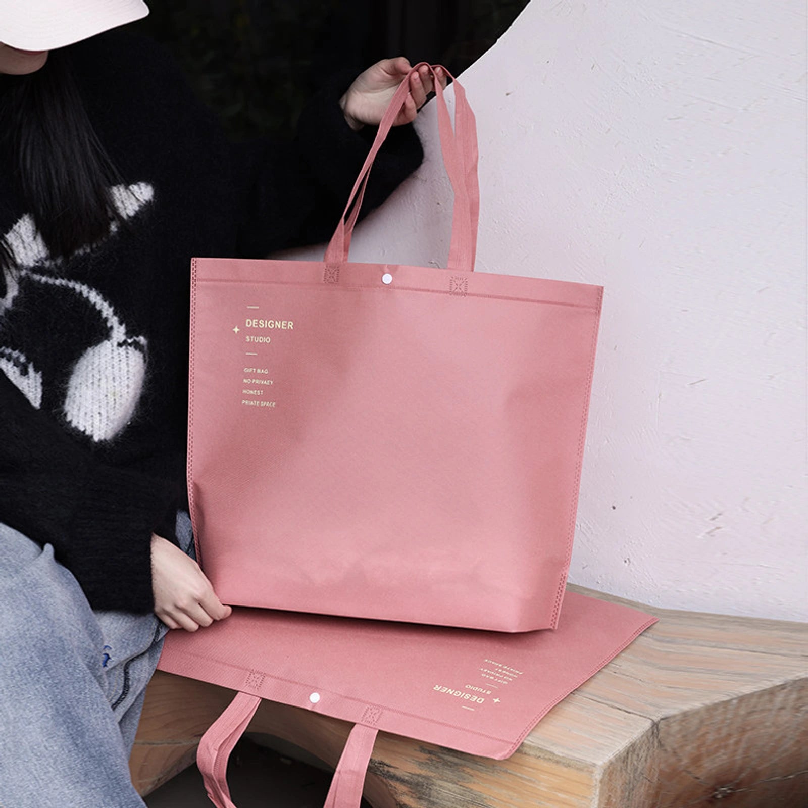 Khaki Non-Woven Tote Bags — 4 Styles — Large — Capacity — Mousse Pink