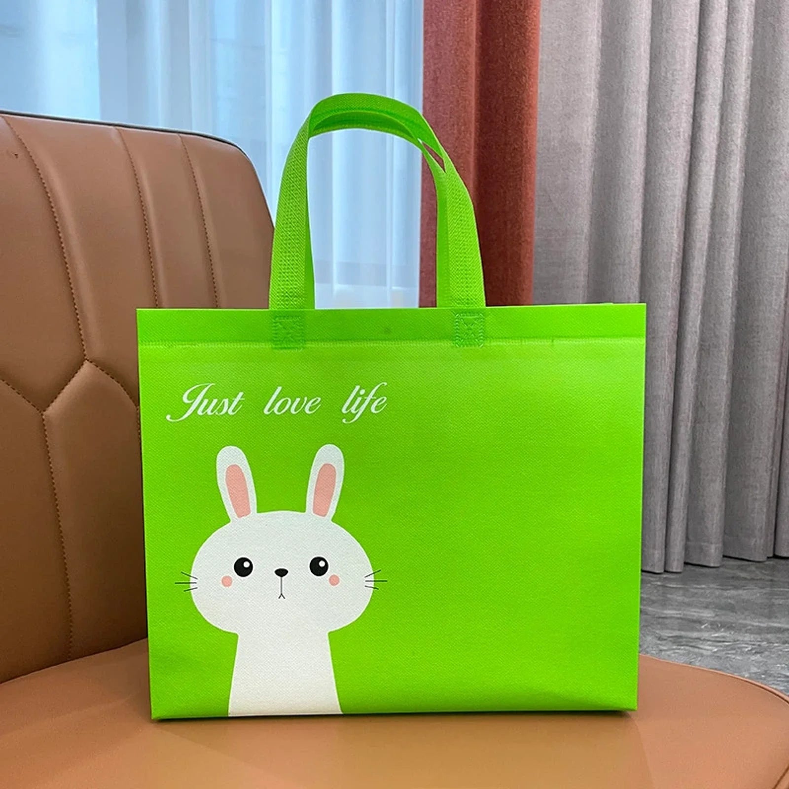 Green Rabbit Print kids rabbit laminated non-woven tote bags — 4 colors