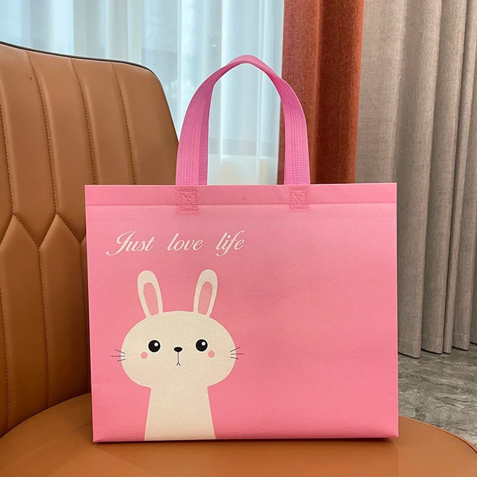 Pink Rabbit Print kids rabbit laminated non-woven tote bags — 4 colors