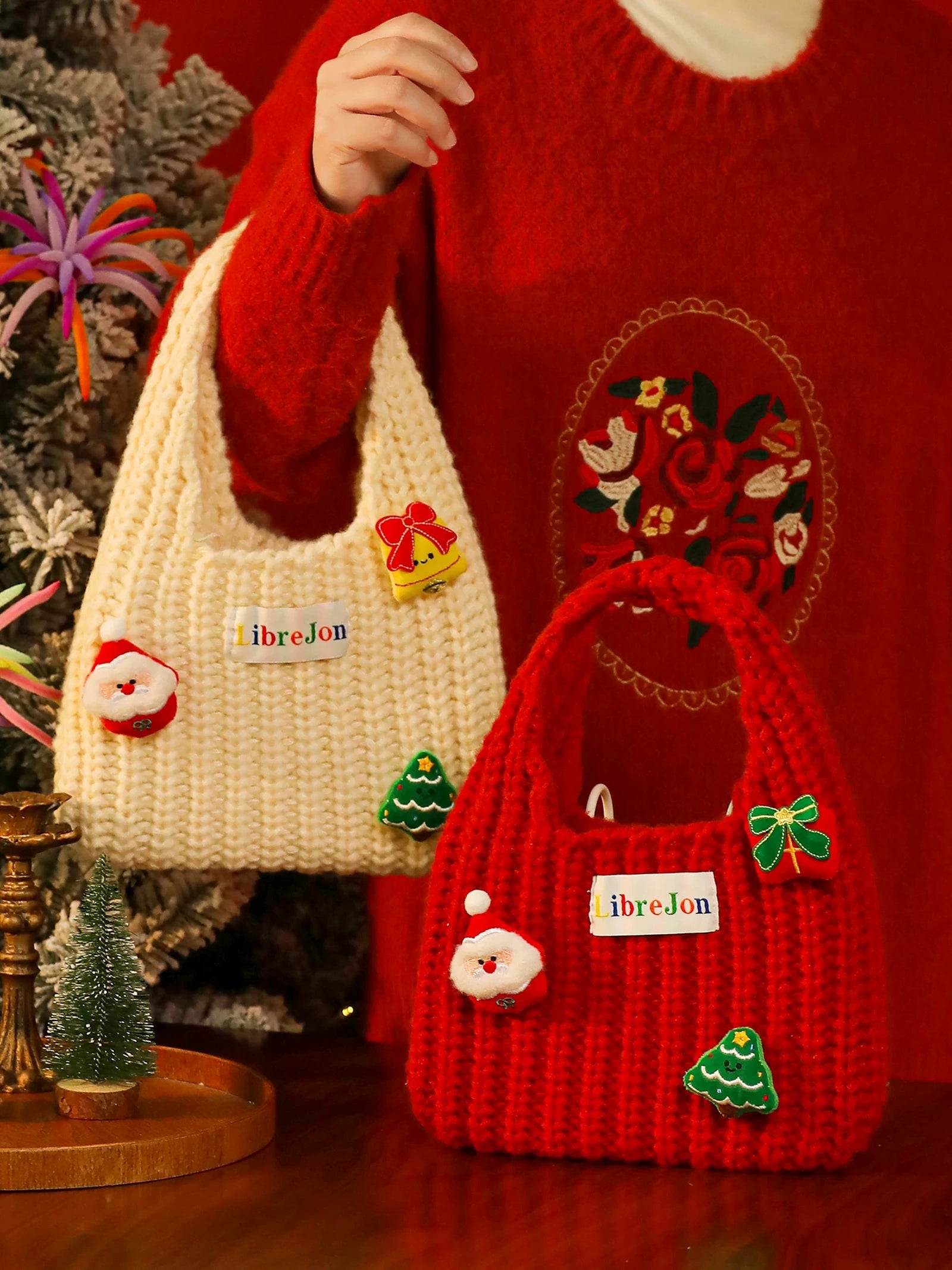 Knitted Christmas Gift Bags with Integrated Handles – product view