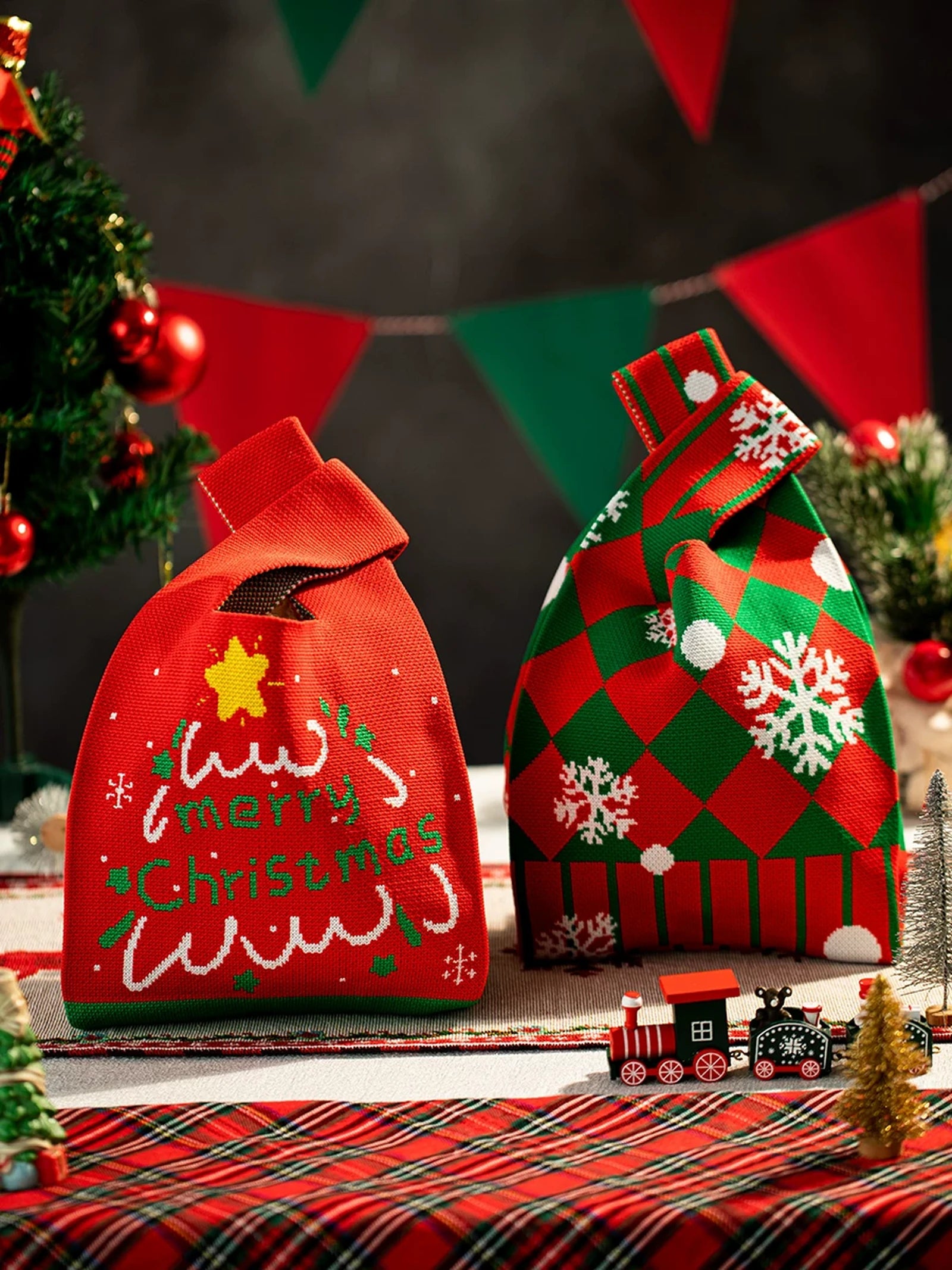 Knitted Christmas Gift Bags with Integrated Handles – product view