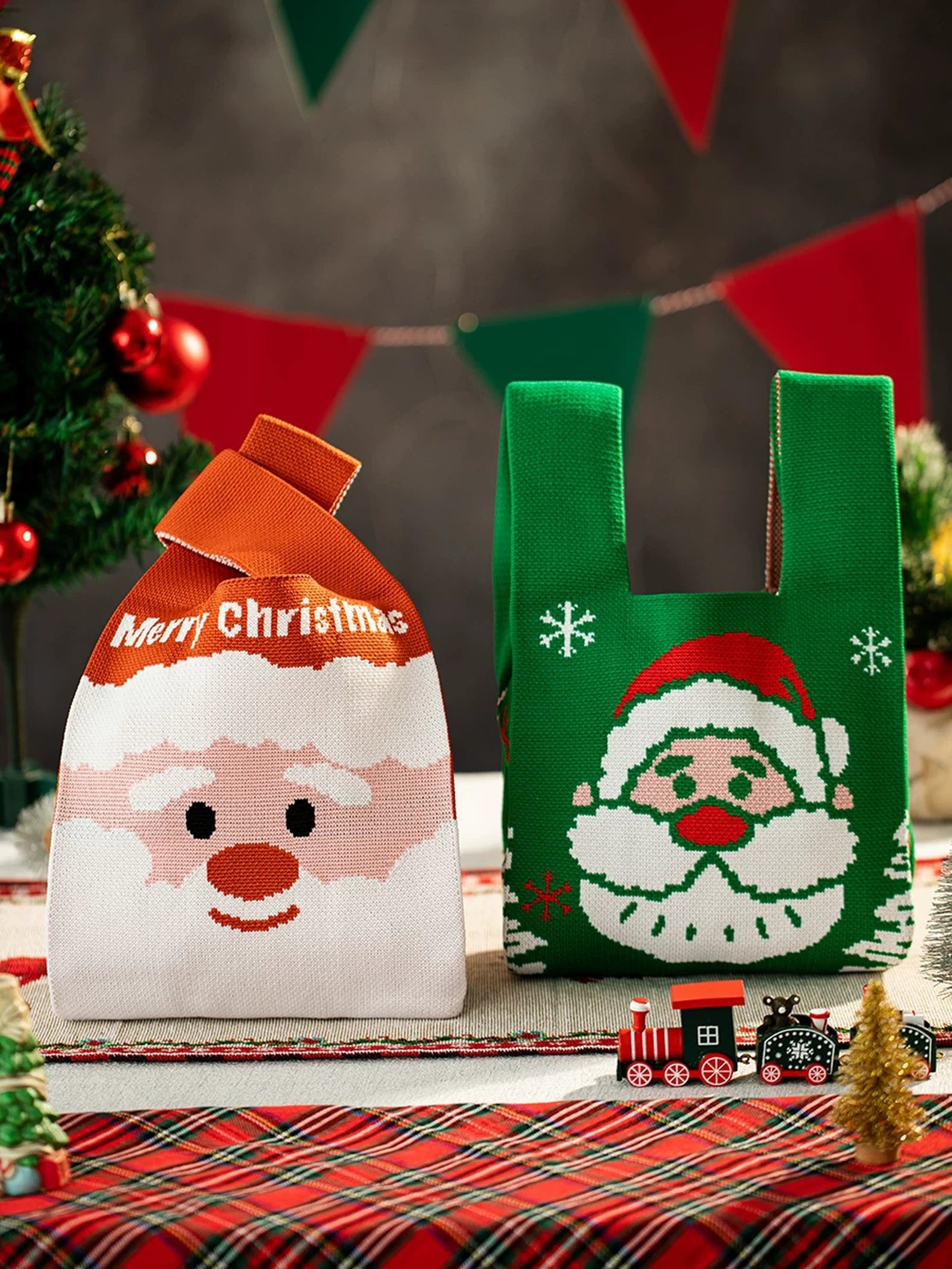 Knitted Christmas Gift Bags with Integrated Handles – product view