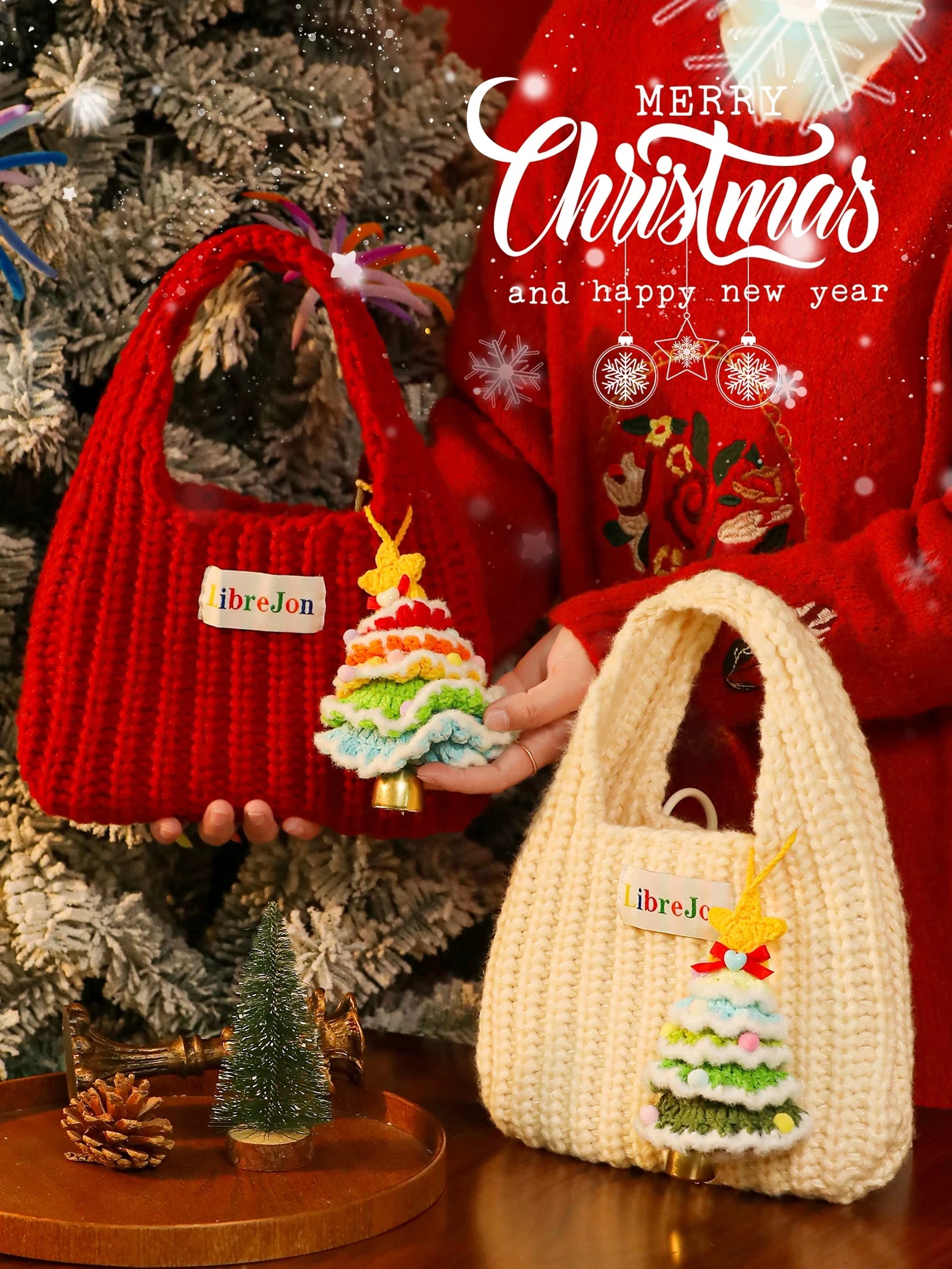 Knitted Christmas Gift Bags with Integrated Handles – product view