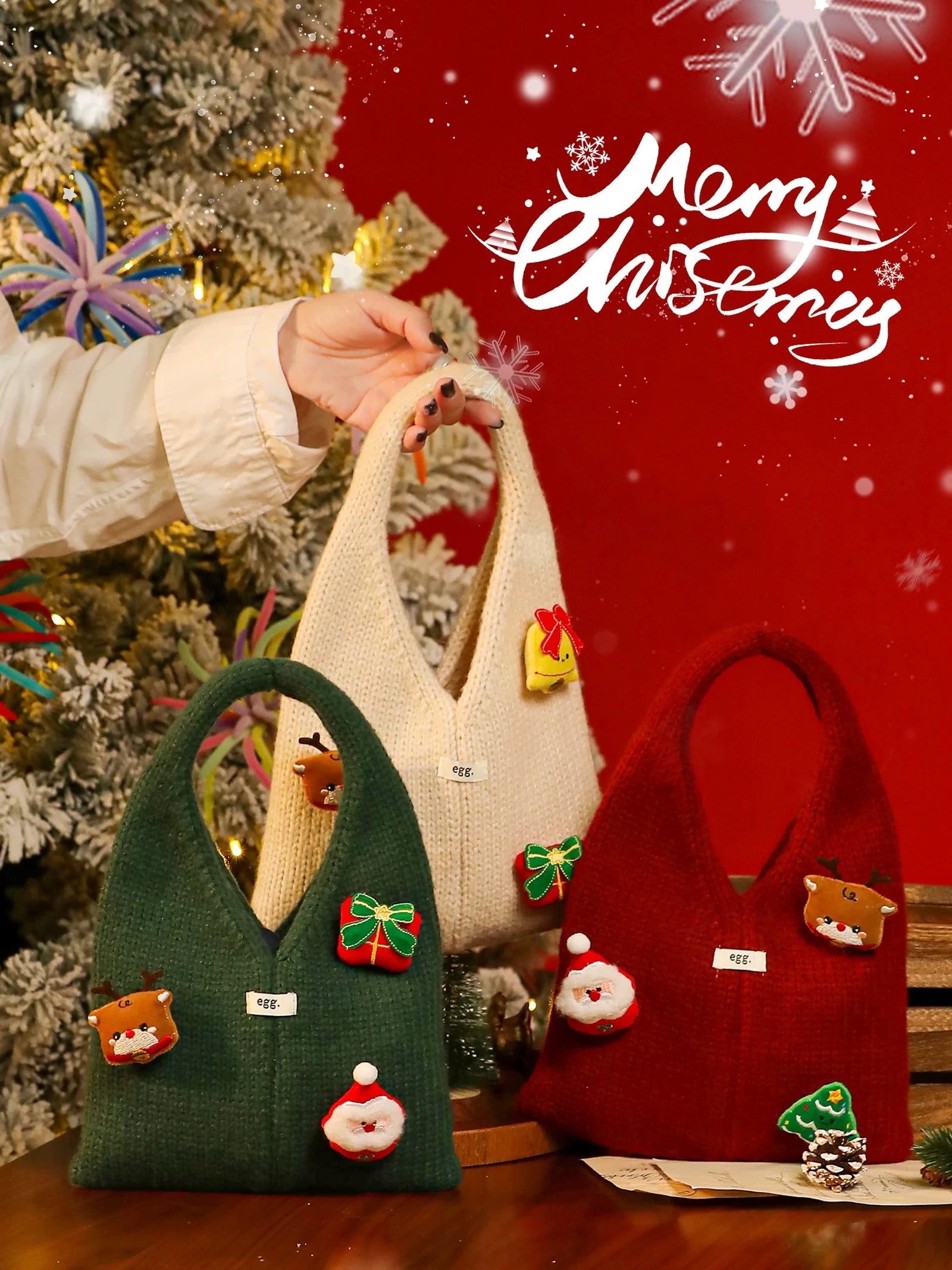 Knitted Christmas Gift Bags with Integrated Handles – product view