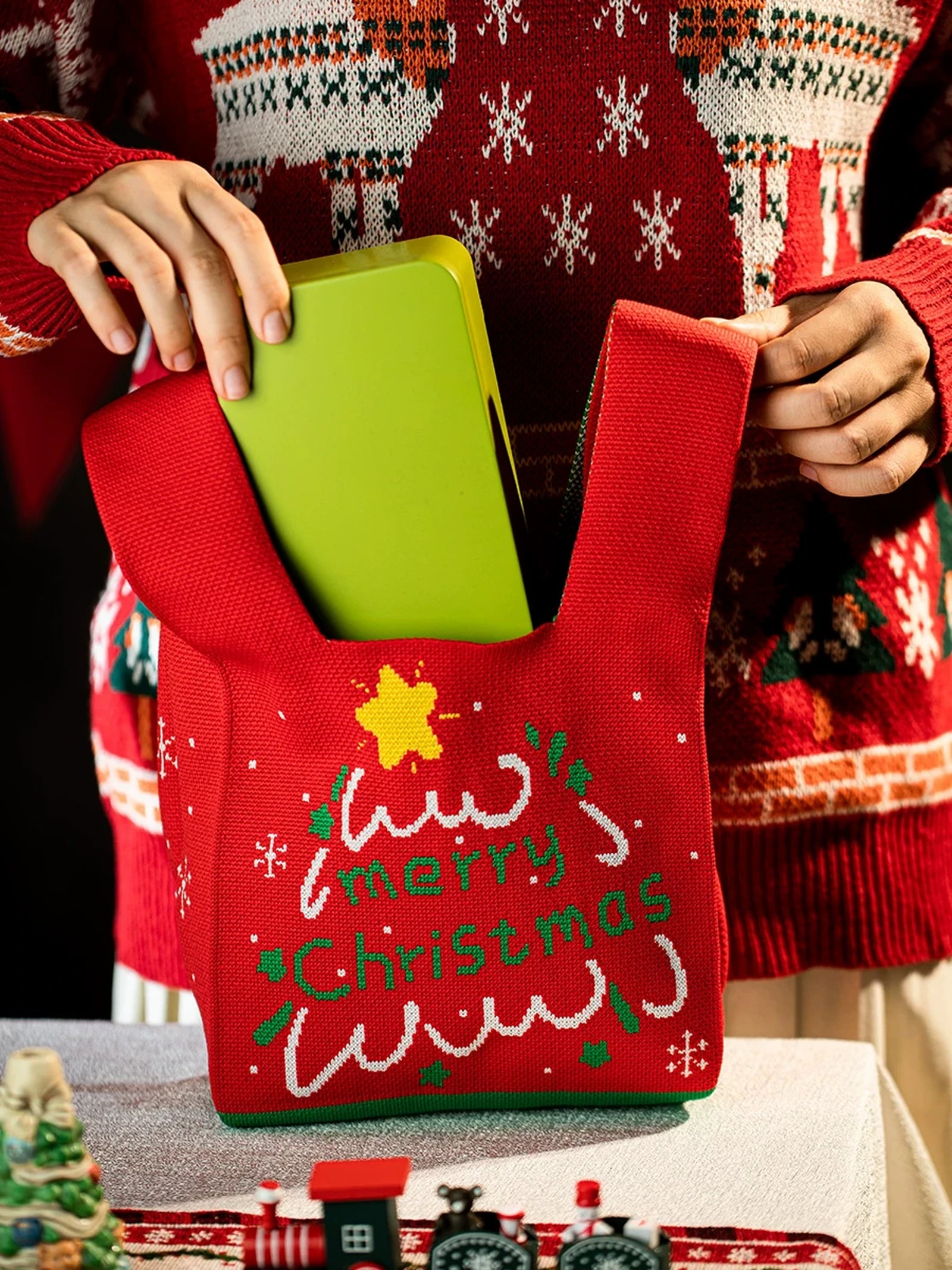 Knitted Christmas Gift Bags with Integrated Handles – product view
