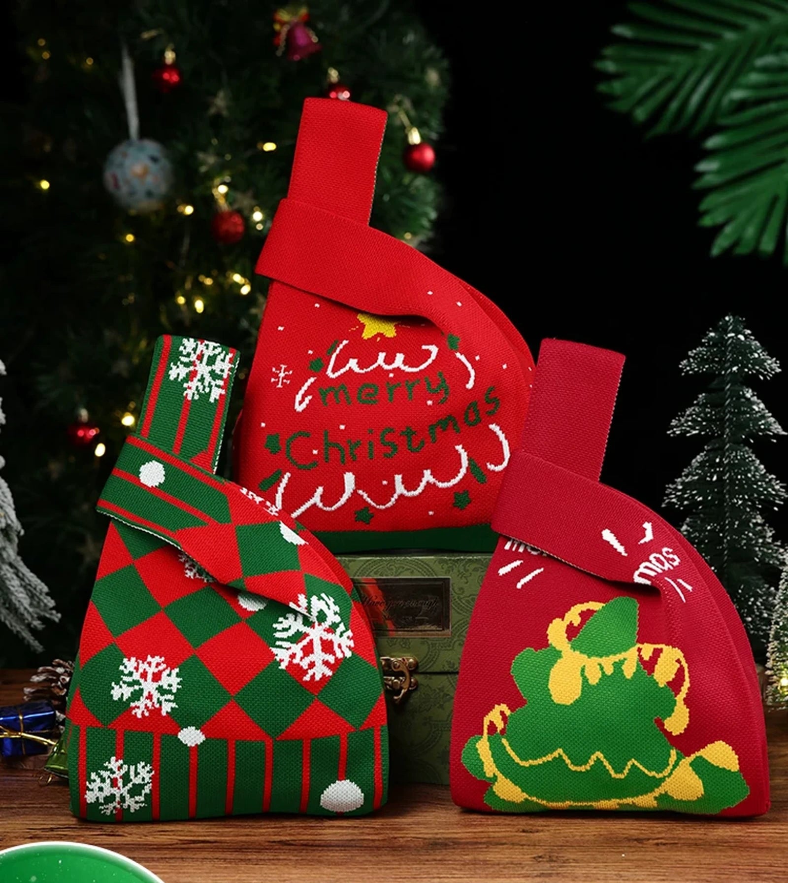Knitted Christmas Gift Bags with Loop Handles – product view
