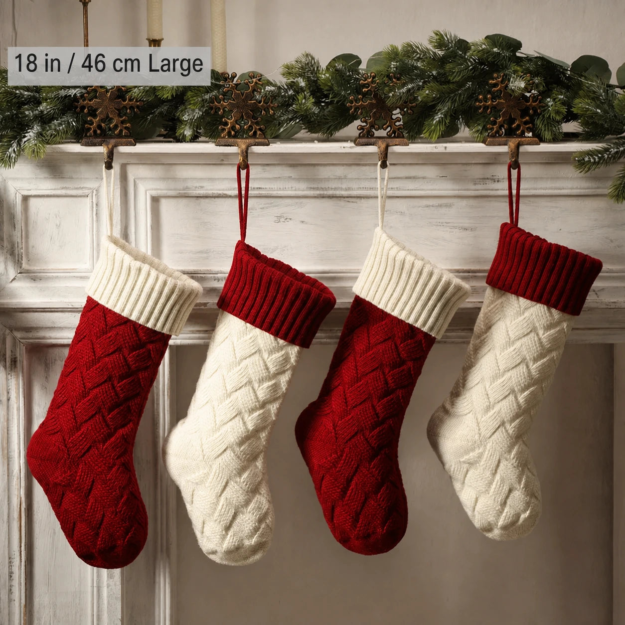 Knitted Christmas stocking gift bags in red and ivory