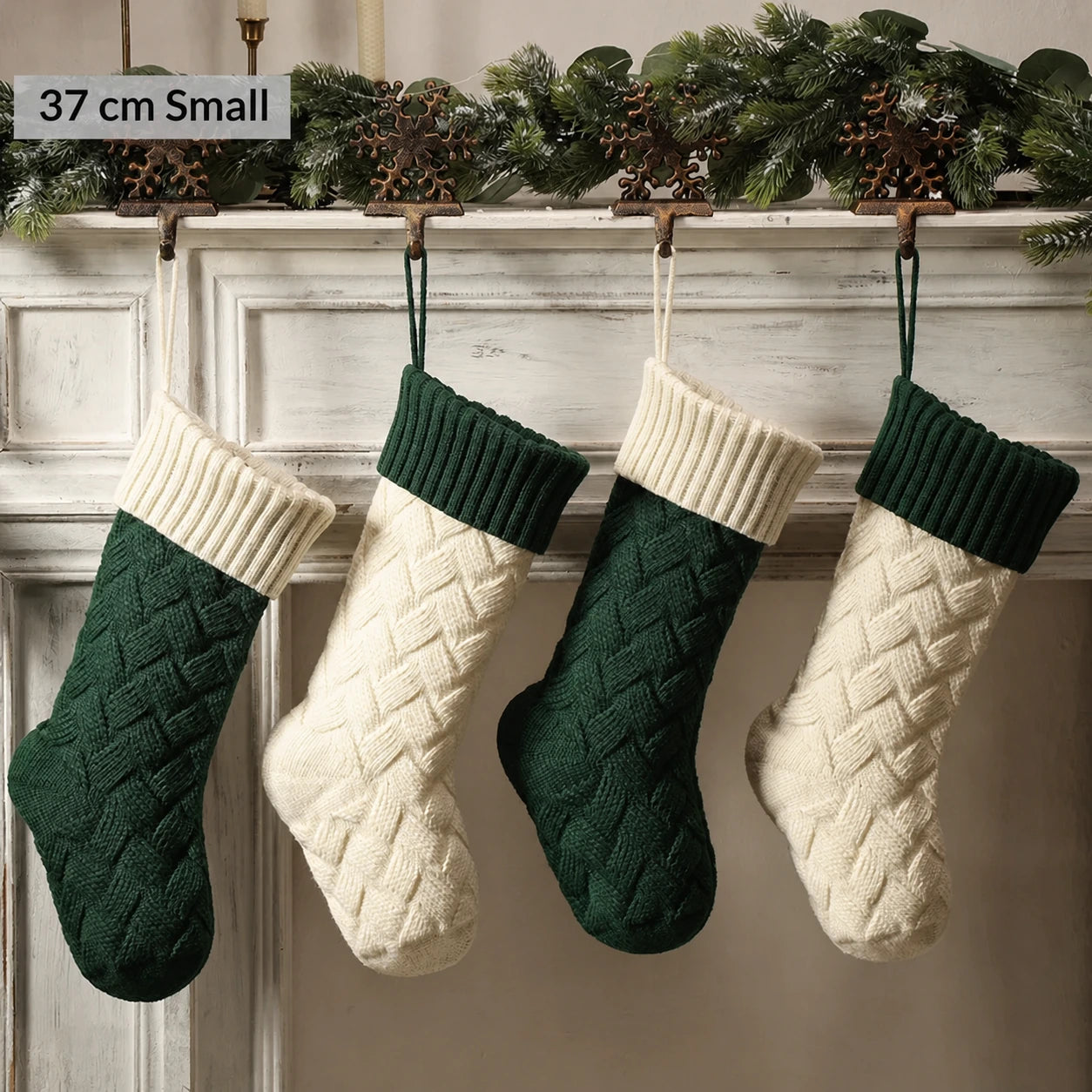 Small knitted Christmas stocking gift bags in ivory and dark green