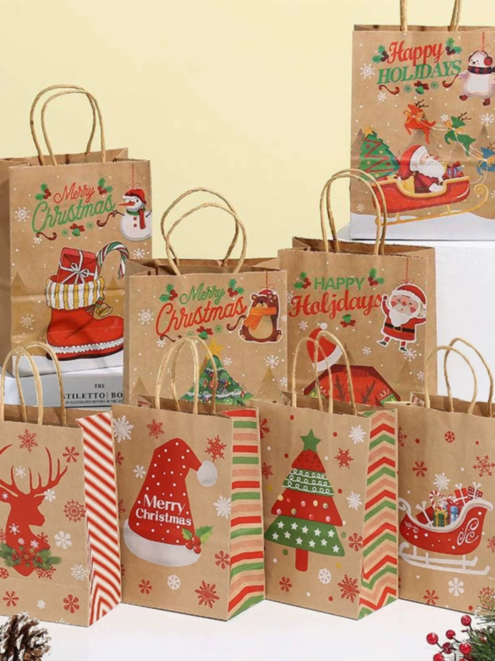 Kraft Christmas Paper Gift Bags with Rope Handles – product view