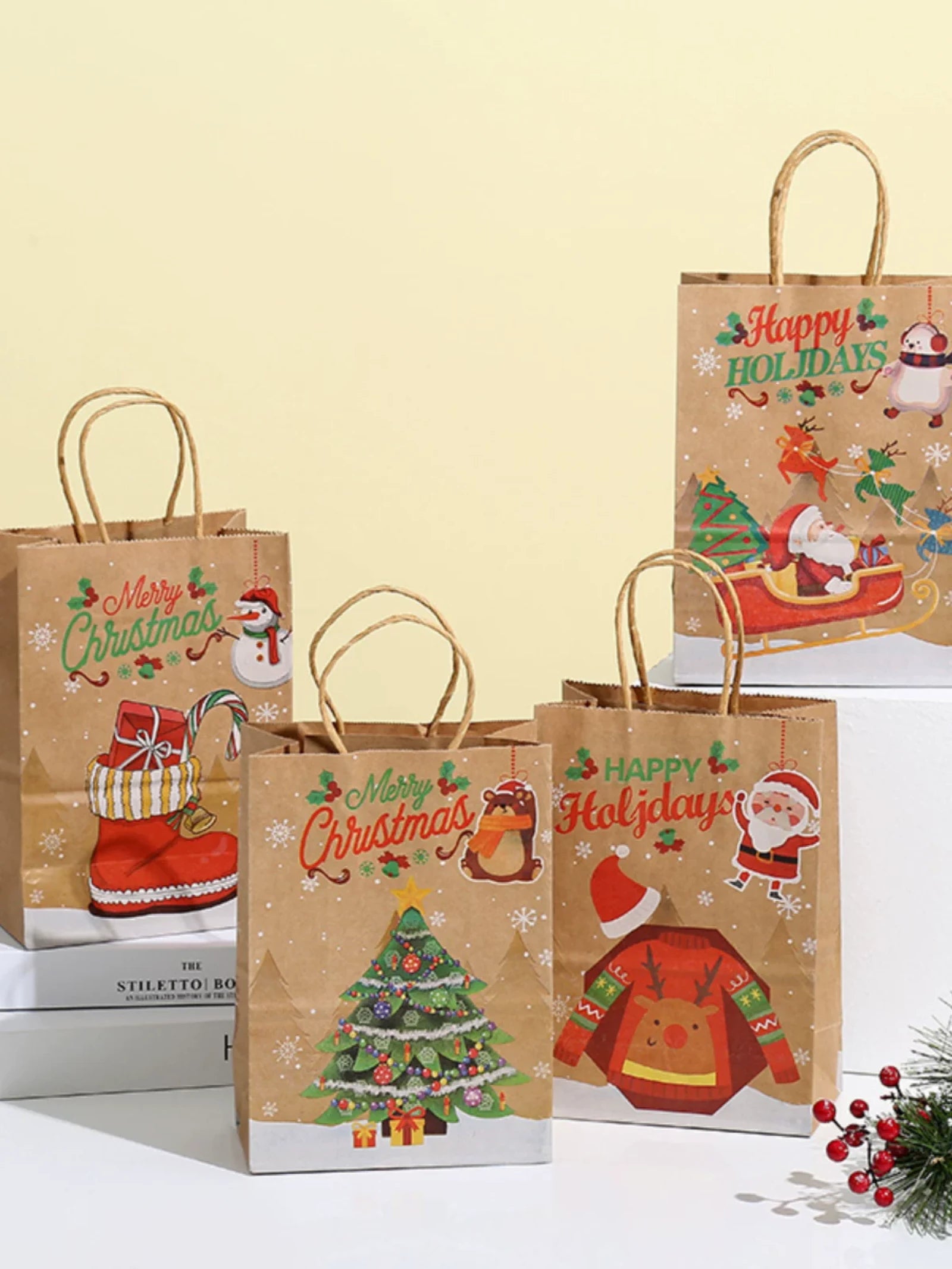 Kraft Christmas Paper Gift Bags with Rope Handles – product view