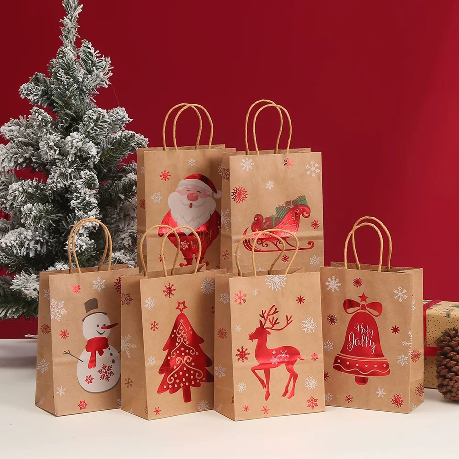 Kraft Christmas Paper Gift Bags with Rope Handles – product view