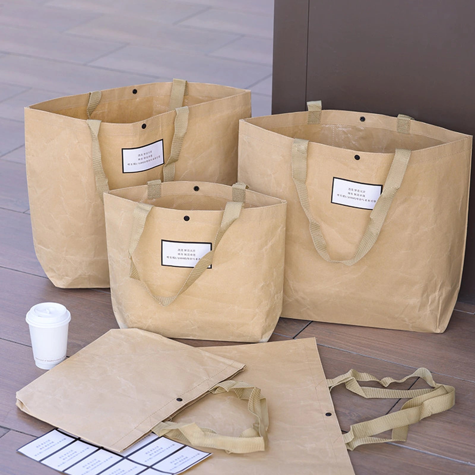 Kraft-Paper Non-Woven Tote Bags — 2 Styles — Crinkled Kraft Paper — KhakiHandles