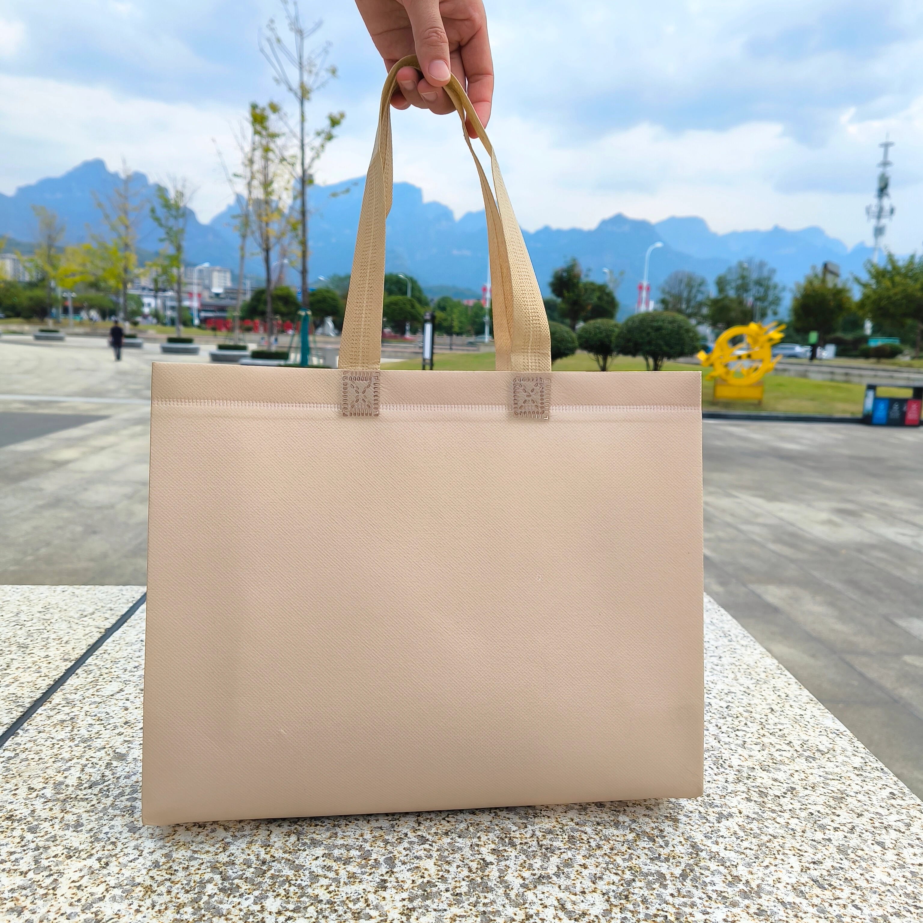 Khaki laminated heavy-duty non-woven tote bags — 18 colors
