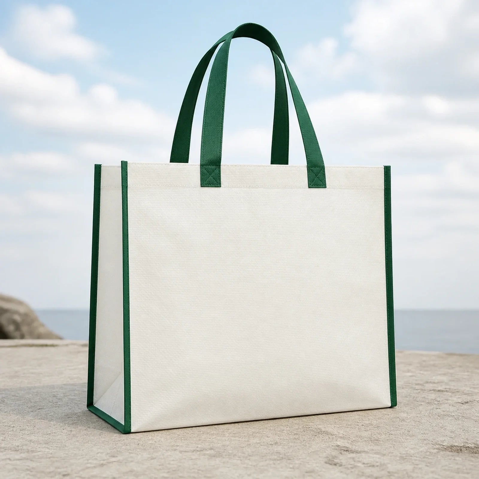 Off-White with Green Handles laminated heavy-duty non-woven tote bags — 18 colors