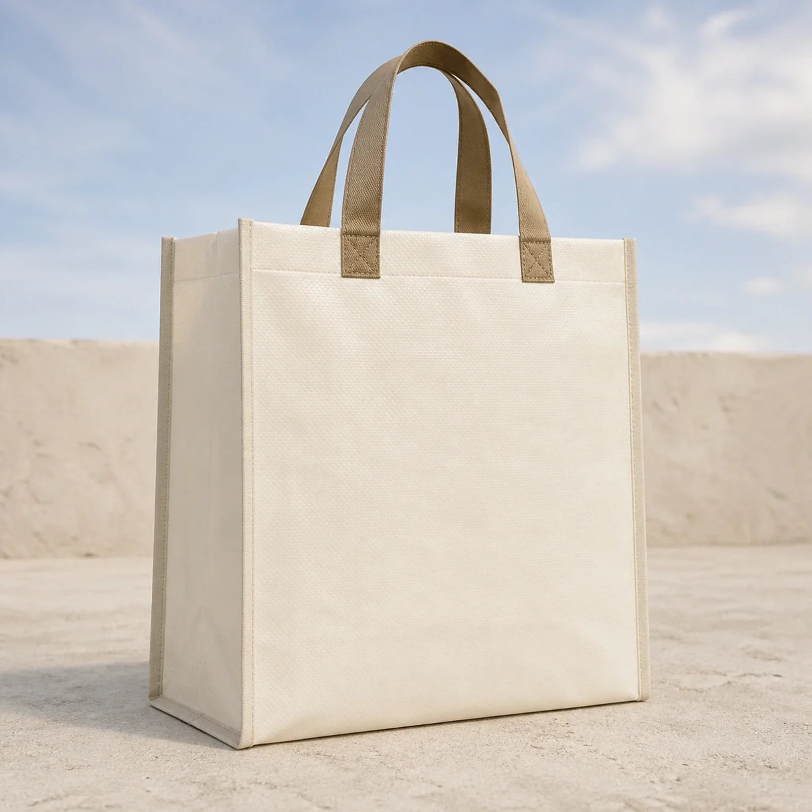 Off-White with Khaki Handles laminated heavy-duty non-woven tote bags — 18 colors