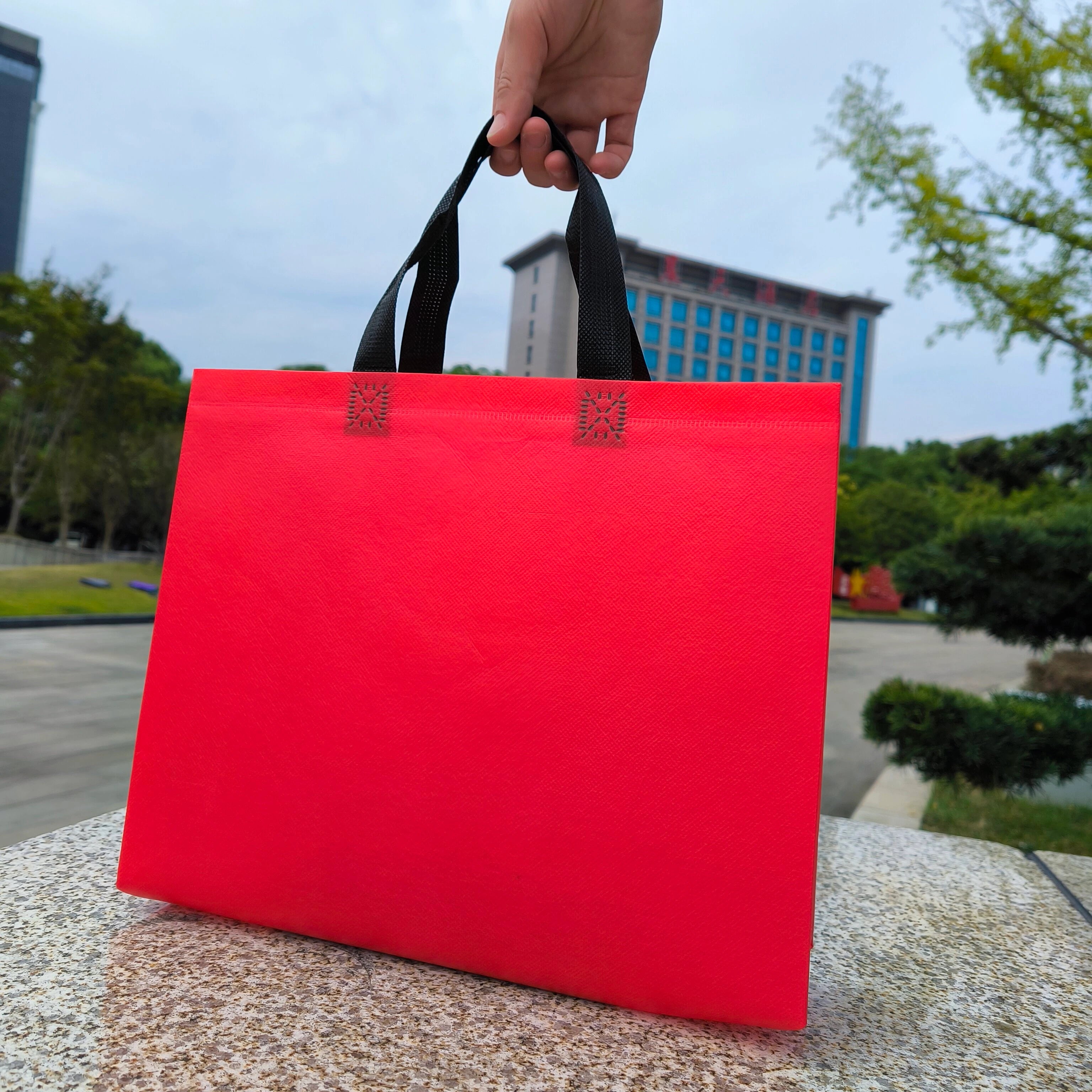 Red laminated heavy-duty non-woven tote bags — 18 colors