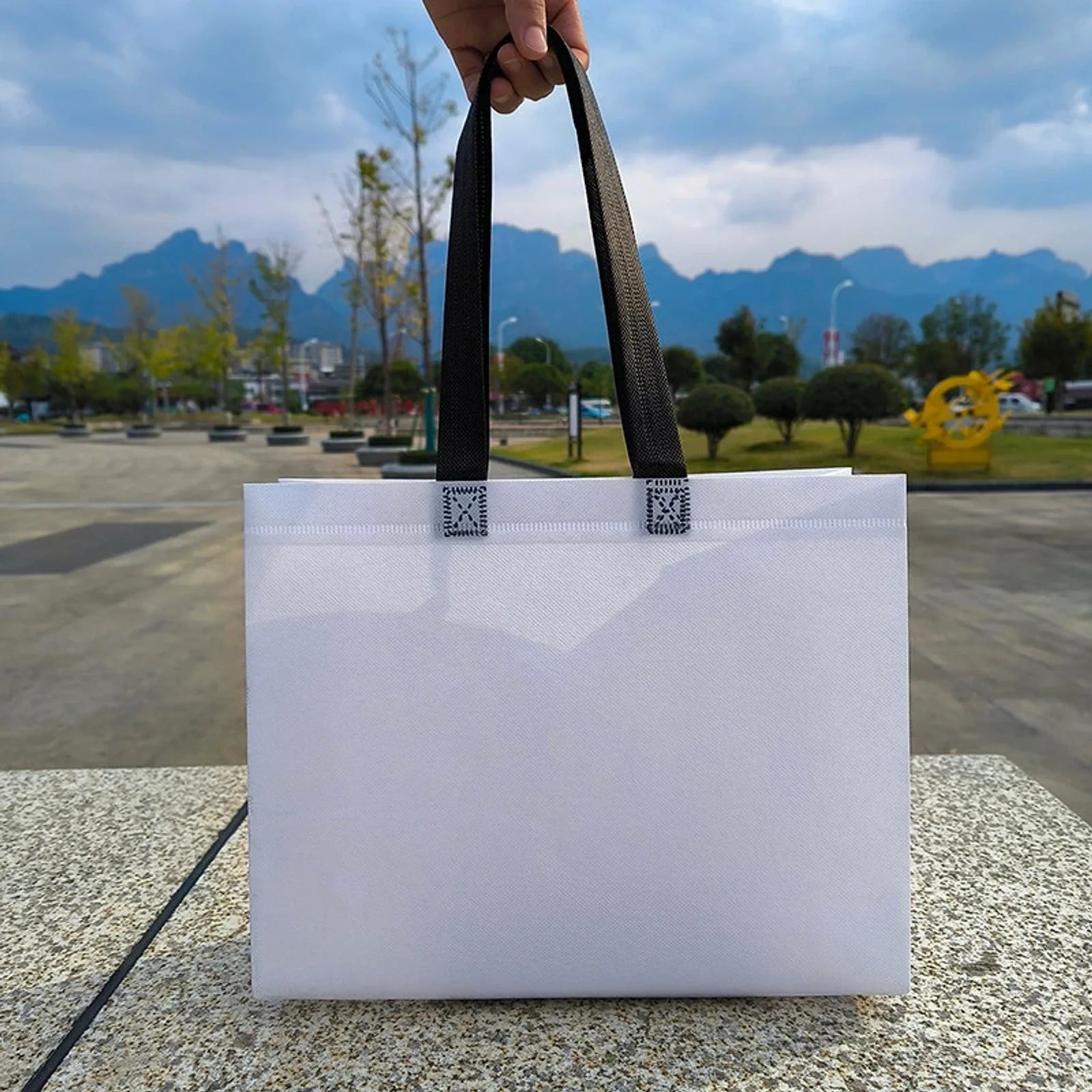 White with Black Handles laminated heavy-duty non-woven tote bags — 18 colors