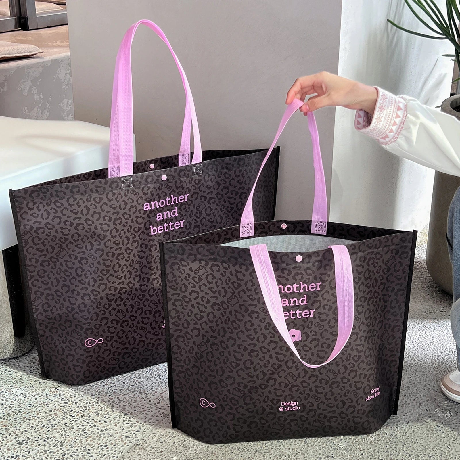 Laminated Leopard Print Non-Woven Tote Bags — 3 Styles — Laminated — English Floral Print